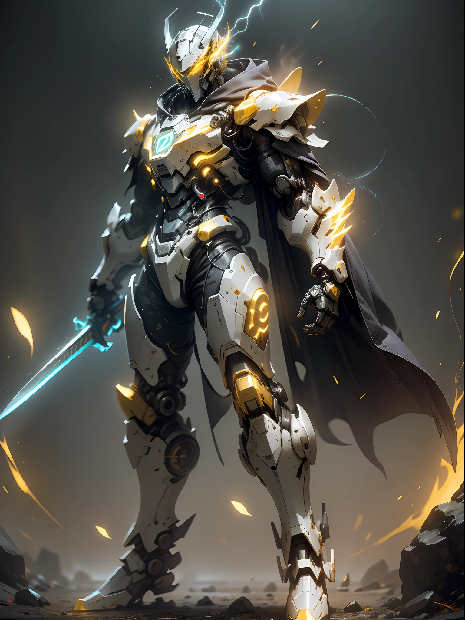 Golden Ghost Hunter, Super Cool Ghost Killer, Wearing Yellow Mechanical Armor, Lightning Surrounding, Katana Handheld, Standing Frontal, Perfect Body Proportions, Super Detail, Realistic, Shiny, Reflective, Bioluminescence, Galactic Cybernetic Mask, Mecha, (Executioner: 1.2), Cloak, SH4G0D, GlowingRunes_red, Full Body, Movie, Dark Background, Backlit, High Contrast,