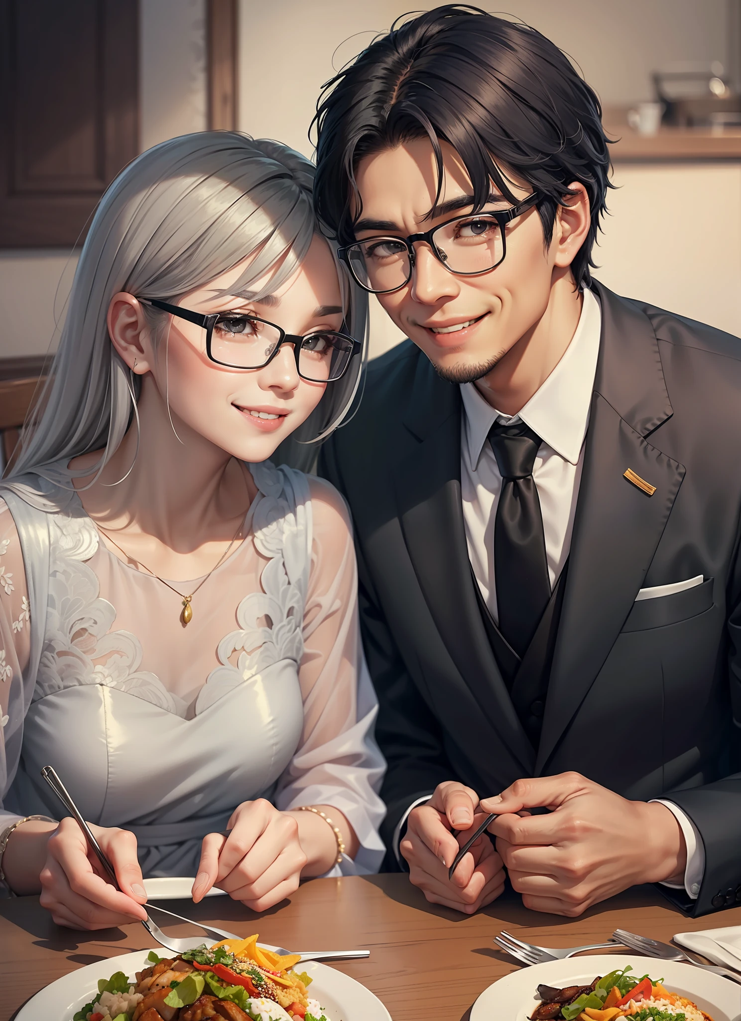 An midle aged asian woman (gray hair, glasses, wearing a dress, smiling) and a young man (black hair, wearing a suits) sits face to face at a table with a delicious meal filled with delicious food and a warm and spacious dining room background --auto --s2