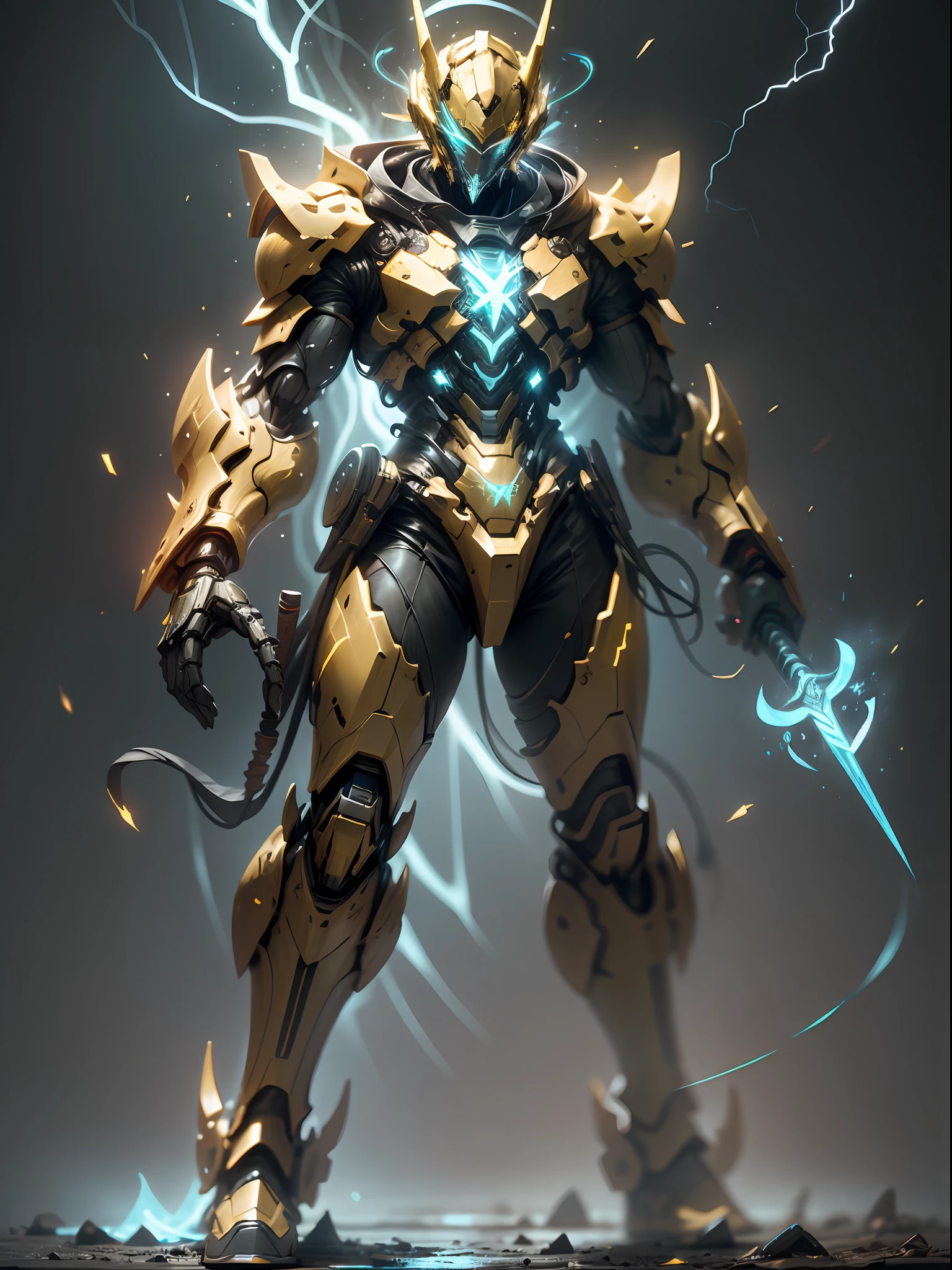 Golden Ghost Hunter, Super Cool Ghost Killer, Wearing Yellow Mechanical Armor, Lightning Surrounding, Katana Handheld, Standing Frontal, Perfect Body Proportions, Super Detail, Realistic, Shiny, Reflective, Bioluminescence, Galactic Cybernetic Mask, Mecha, (Executioner: 1.2), Cloak, SH4G0D, GlowingRunes_red, Full Body, Movie, Dark Background, Backlit, High Contrast,