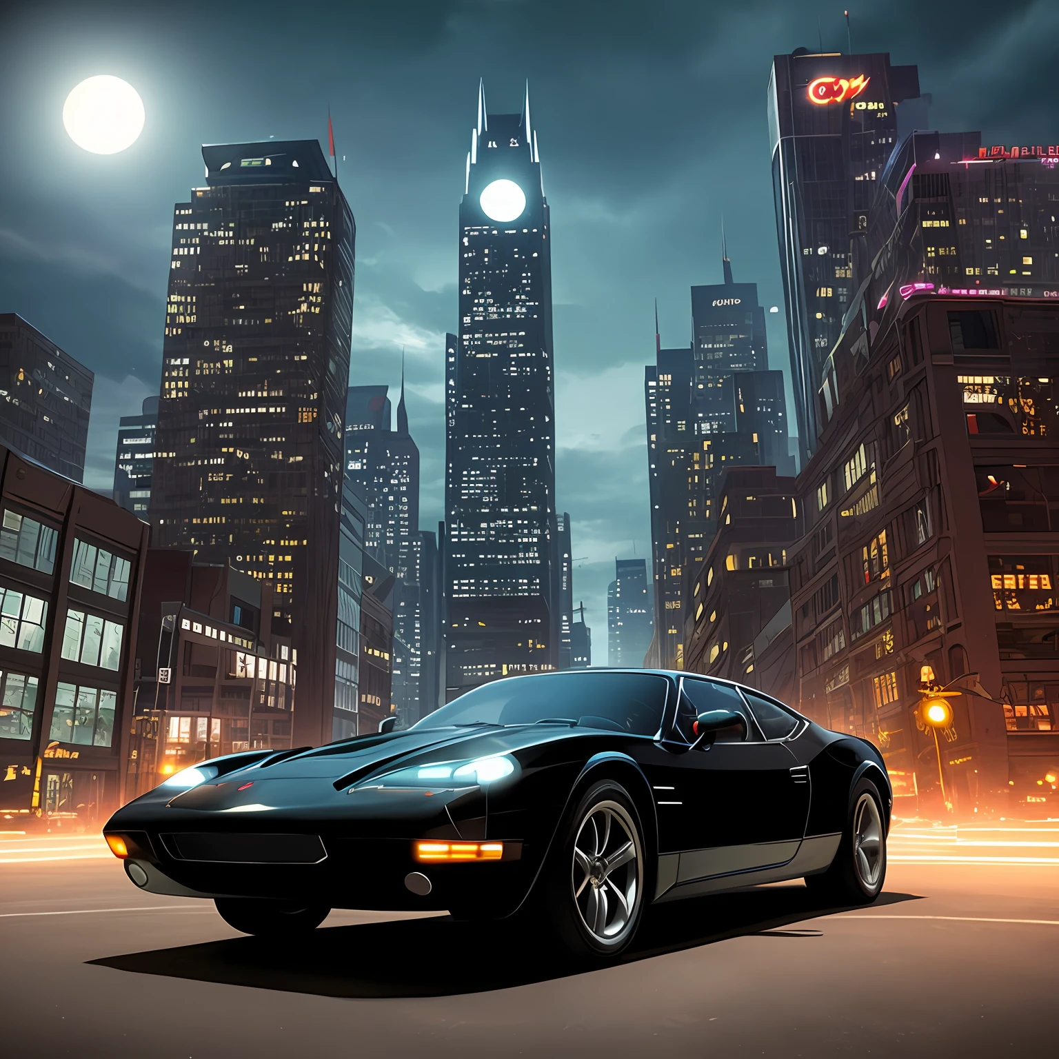 "With ultra-realistic visuals, draw Batman wearing a cybernetic suit, sitting atop the ultra-realistic Batmobile in a night city, with the tall buildings casting shadows on the ground." Complete body