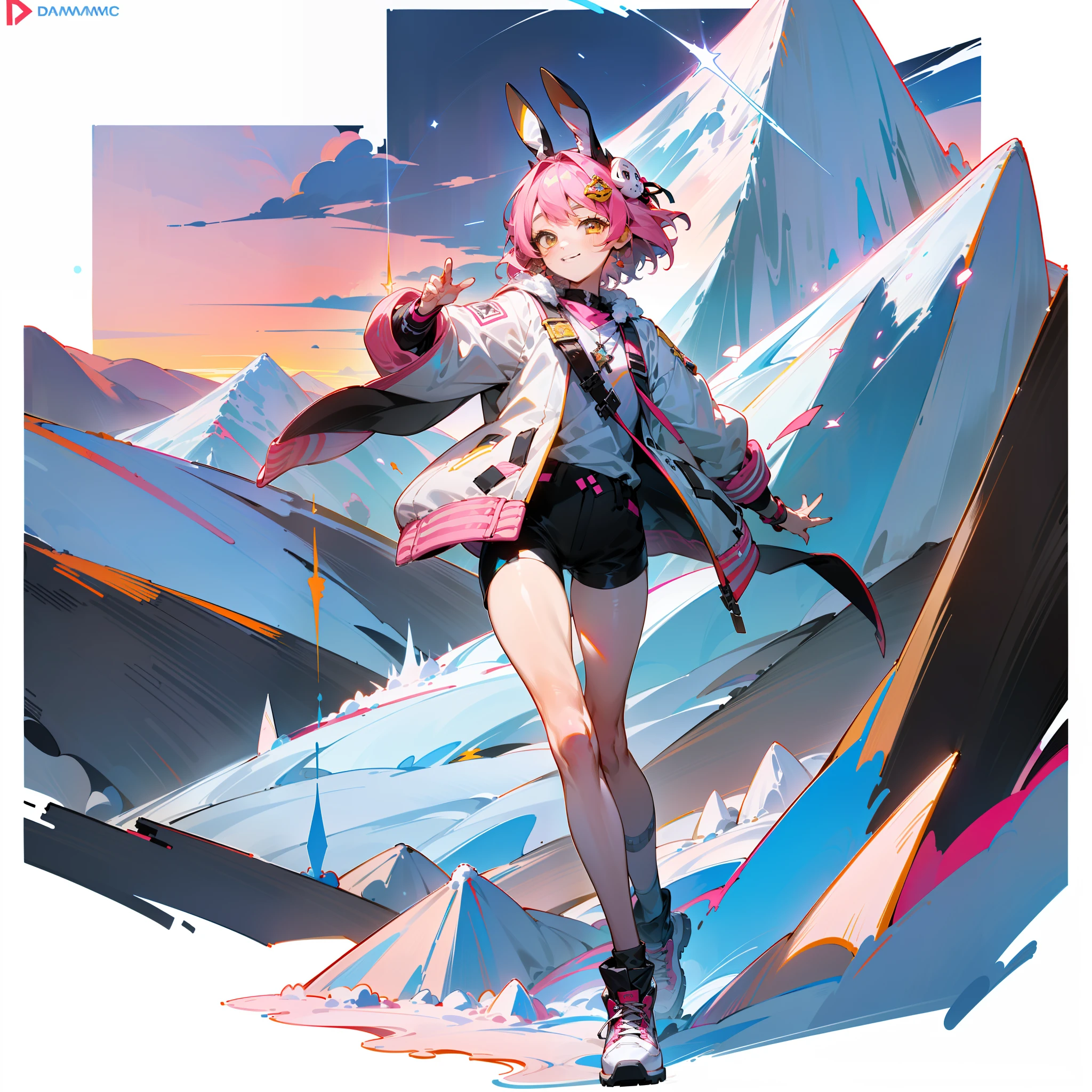 (best quality), {masterpiece}, {very detailed}, {super detailed}, {high resolution}, {absurd}, 1 girl, solo, anime, full body shooting, (pink and white long swing punk jacket, short black hot pants, pink sneakers), (short pink hair yellow eyes), ((white simple background)), (standing painting style), , standing, lively bouncing, (dynamic) (fine beautiful face and eyes), energetic smile, cowboy shot, ((full body)), ((bunny hair ornament)), volumetric lighting, (short girly, (large snowy mountain background), clouds piling up the sky, sunrise