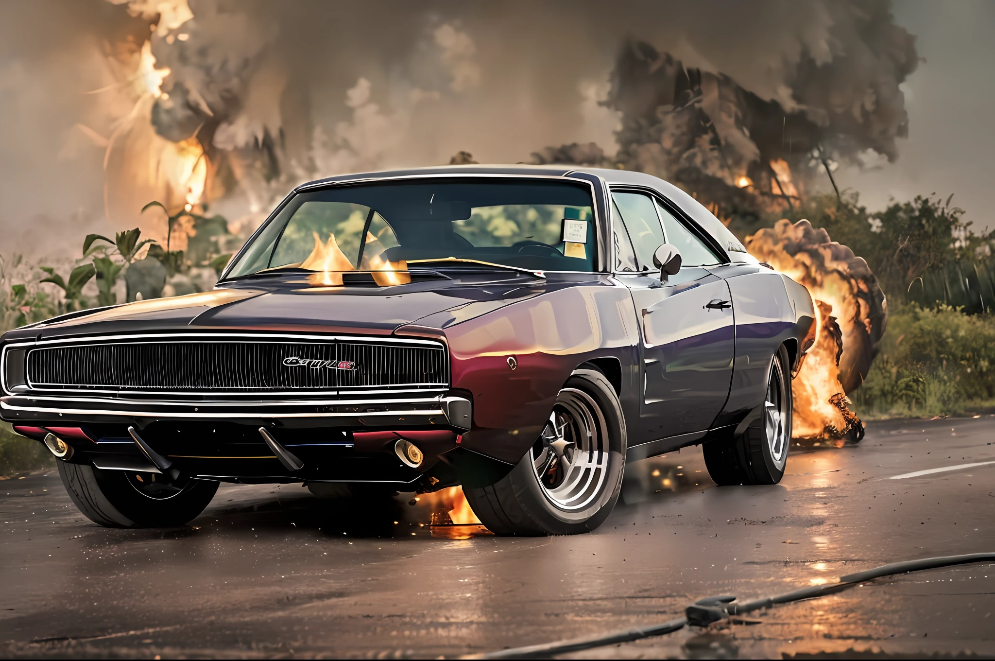 masterpiece, somber photo of a wild 1968 Dodge Charger pink, eye-catching, wide Daytona tires, drifting at full speed, going through a big explosion in the middle of the track, fire in the exhaust, drifting through the jungle (at night), ((heavy rain)), panthers and leopards walking, ((night)), high detail, sharp focus, (photorealism), realistic, best quality, 8K, Award-winning, dramatic lighting, epic, cinematic, dynamism, parallax effect, Gaussian, fire, smoke, large smoke clouds, big fireball, tire light, ambient fog: 1.2, summer, heat distortion, black birds,