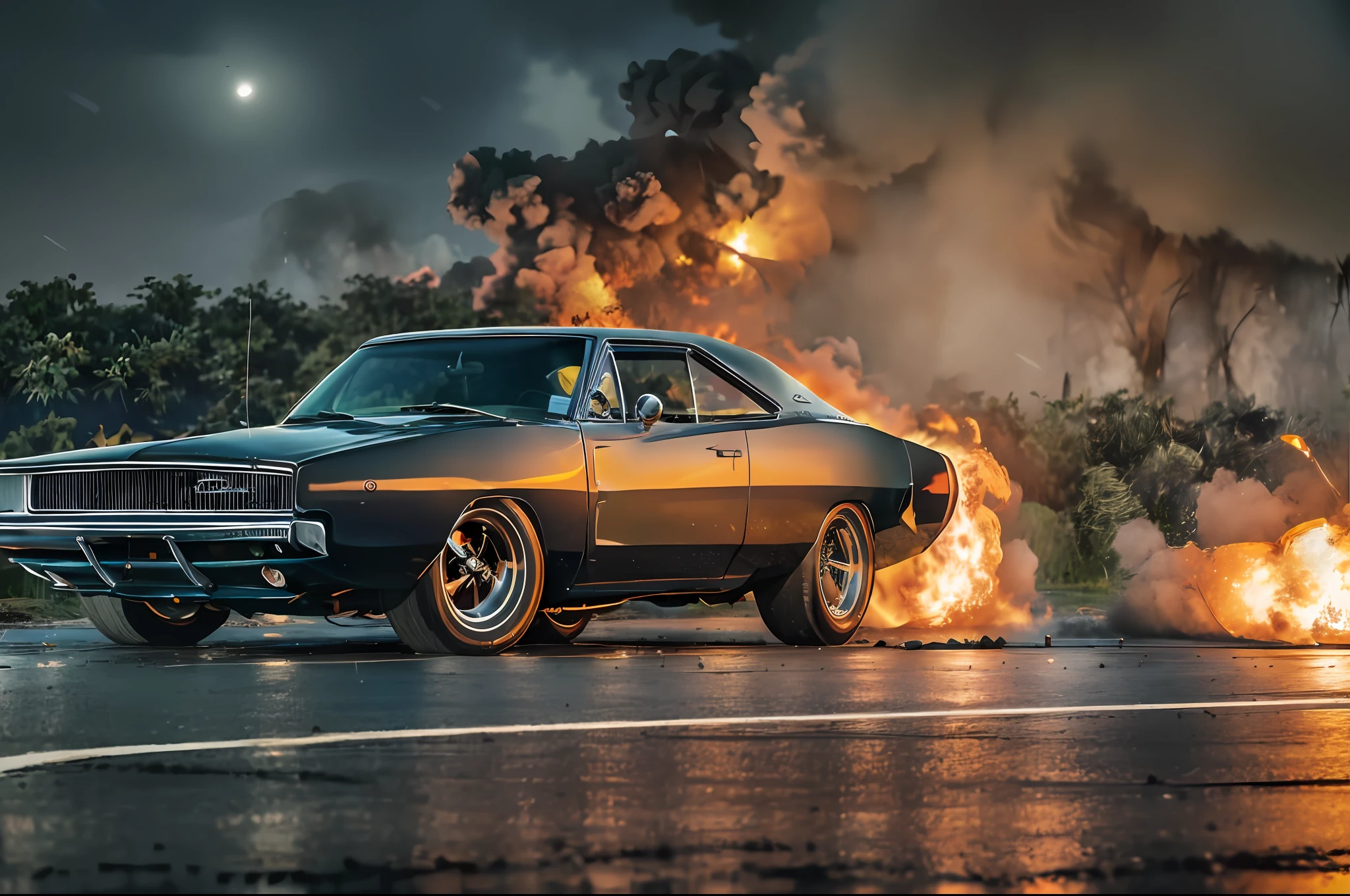 masterpiece, somber photo of a wild 1968 Dodge Charger pink, eye-catching, wide Daytona tires, drifting at full speed, going through a big explosion in the middle of the track, fire in the exhaust, drifting through the jungle (at night), ((heavy rain)), panthers and leopards walking, ((night)), high detail, sharp focus, (photorealism), realistic, best quality, 8K, Award-winning, dramatic lighting, epic, cinematic, dynamism, parallax effect, Gaussian, fire, smoke, large smoke clouds, big fireball, tire light, ambient fog: 1.2, summer, heat distortion, black birds,