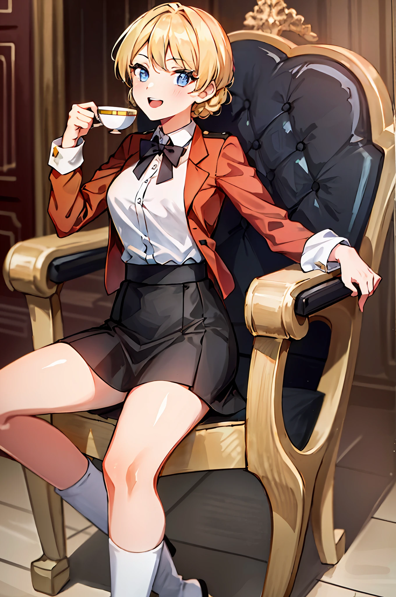 Masterpiece, Top Quality, Absurdity, Perfect Anatomy, One Girl, Darjeeling, Twin Blades, Short Hair, Smile, Medium Breasts, St. Gloriana's Military Uniform, Holding, Sitting, Chair, Holding a Cup, Teacup, Black Skirt, Uniform, Red Jacket