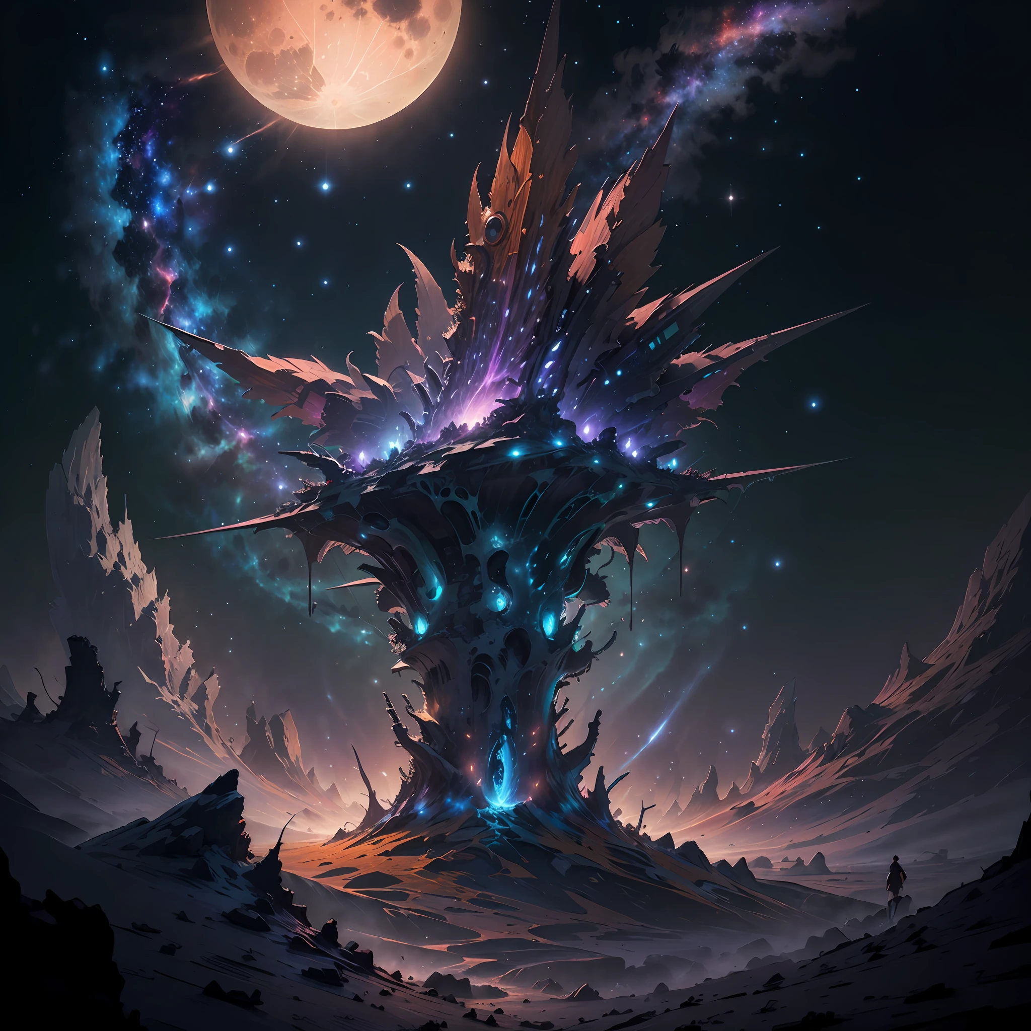 expansive landscape photograph , (a view from below that shows sky above and open field below), a girl standing on flower field looking up, (full moon:1.2), ( shooting stars:0.9), (nebula:1.3), distant mountain, tree BREAK
production art, (warm light source:1.2), (Firefly:1.2), lamp, lot of purple and orange, intricate details, volumetric lighting BREAK
(masterpiece:1.2), (best quality), 4k, ultra-detailed, (dynamic composition:1.4), highly detailed, colorful details,( iridescent colors:1.2), (glowing lighting, atmospheric lighting), dreamy, magical, (solo:1.2) --auto