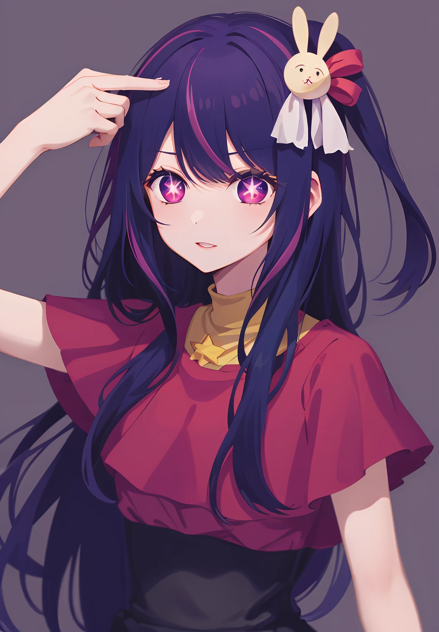 gun to head, handgun, holding gun Hoshino Ai, long hair, purple hair, streaked hair ,purple eyes, star-shaped pupils, hair ornament,