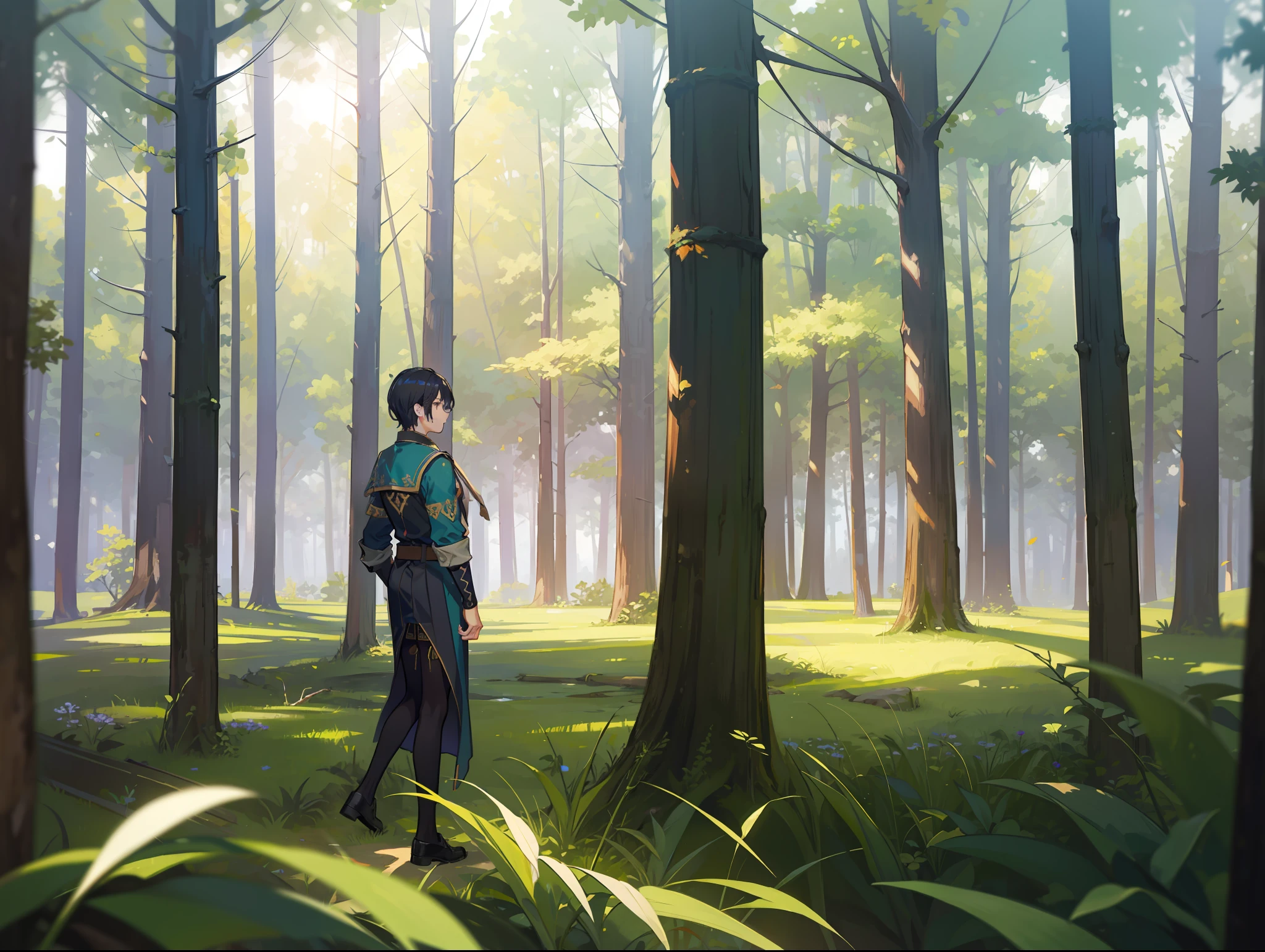 1man, mage in forest, Fantasy Setting, Dense forest, Towering trees loom above, branch canopy, filtered sunlight. moss, damp soil. fallen leaves, twigs.