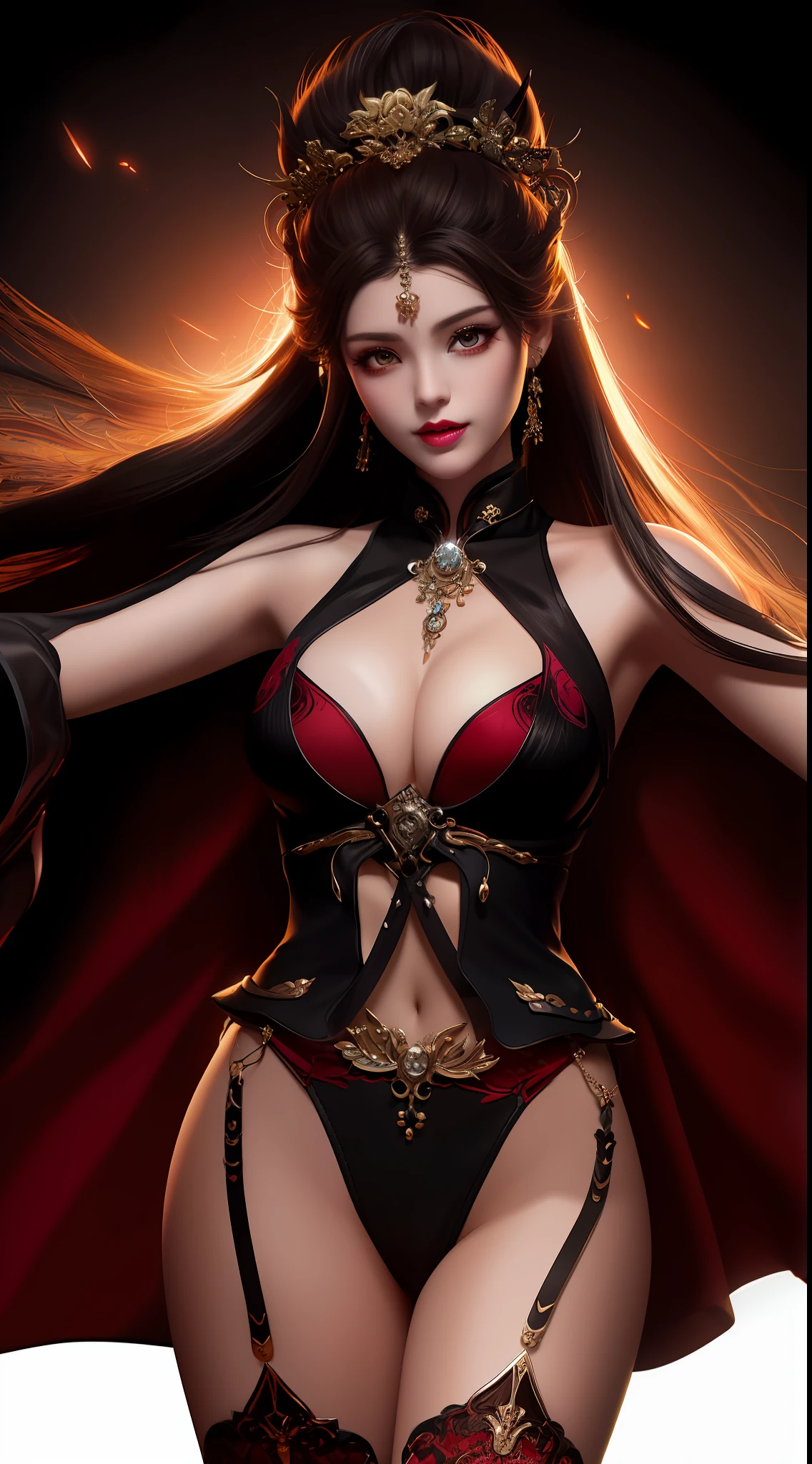 best quality, masterpiece, highres, 1girl, lingerie china armor, hair ornament, necklace, jewelry, Beautiful face, upon_body, tyndall effect, photorealistic, dark studio, rim lighting, two tone lighting, (high detailed skin:1.2), 8k uhd, dslr, soft lighting, high quality, volumetric lighting, candid, Photograph, high resolution, 4k, 8k, Bokeh, medium breasts, (light pink lips), 1 beautiful devil woman from hell, In the Dark: 1.6), surreal female portrait by David Hockney and Alphonse Mucha, fantasy art, korea doll, photorealism, dynamic lighting, artstation, poster, volumetric lighting, very detailed faces, 8k ultra, Awarded, in the dark, deep shadow, low key, cowboy lens, (Red phoenix dress: 1.4), long hair, black hair, bust, luxurious palace, Royal style, devil crown, red eyes make up very sharp and detailed, The most beautiful face, The breasts are very big and round and round, Super realistic, chinese women's clothing, polo neck sweater, Charming smile, The eyes are very well made up, guweiz, devil style, wearing black mesh socks, Ponytail with a bow tied at the back of the hair, Red black lips, Devil tattoo on shoulder, wearing a thin red and black robe, the landscape is overcast and thunderous, (Portrait), Close-up of the main character, (Background details 1.8),(white armpit, fresh and beautiful)