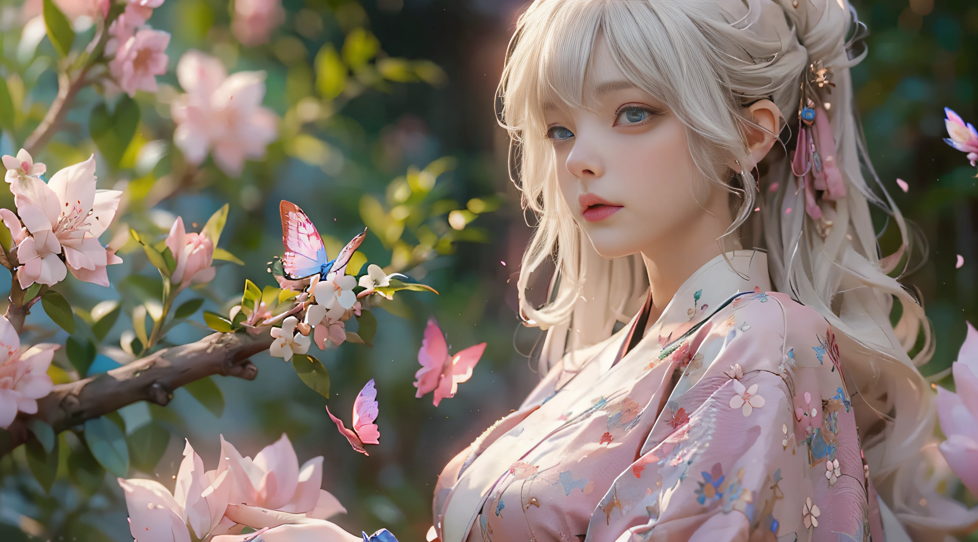 ((Best Quality)), ((Masterpiece)), (Detail: 1.4), 3D, Beautiful Cyberpunk Female Image, HDR (High Dynamic Range), Ray Tracing, NVIDIA RTX, Super Resolution, Unreal 5, Subsurface Scattering, PBR Texture, Post-Processing, Anisotropic Filtering, Depth of Field, Maximum Sharpness and Sharpness, Multi-layer Texture, Albedo and Highlight Mapping, Surface Coloring, Mitsu-Accurate Simulation of Material Interactions, Perfect Proportions, Octane Rendering, Two-color Light, Large Aperture, Low ISO, white balance, regular three-point, 8K RAW, beautiful bright pupils, flowing robe, fine pupils, delicate face and eyes, long eyelashes, blush, fluffy hair, pink lips, pure, cute, sweet girl, cherry blossom petals falling, butterflies, high-class sense