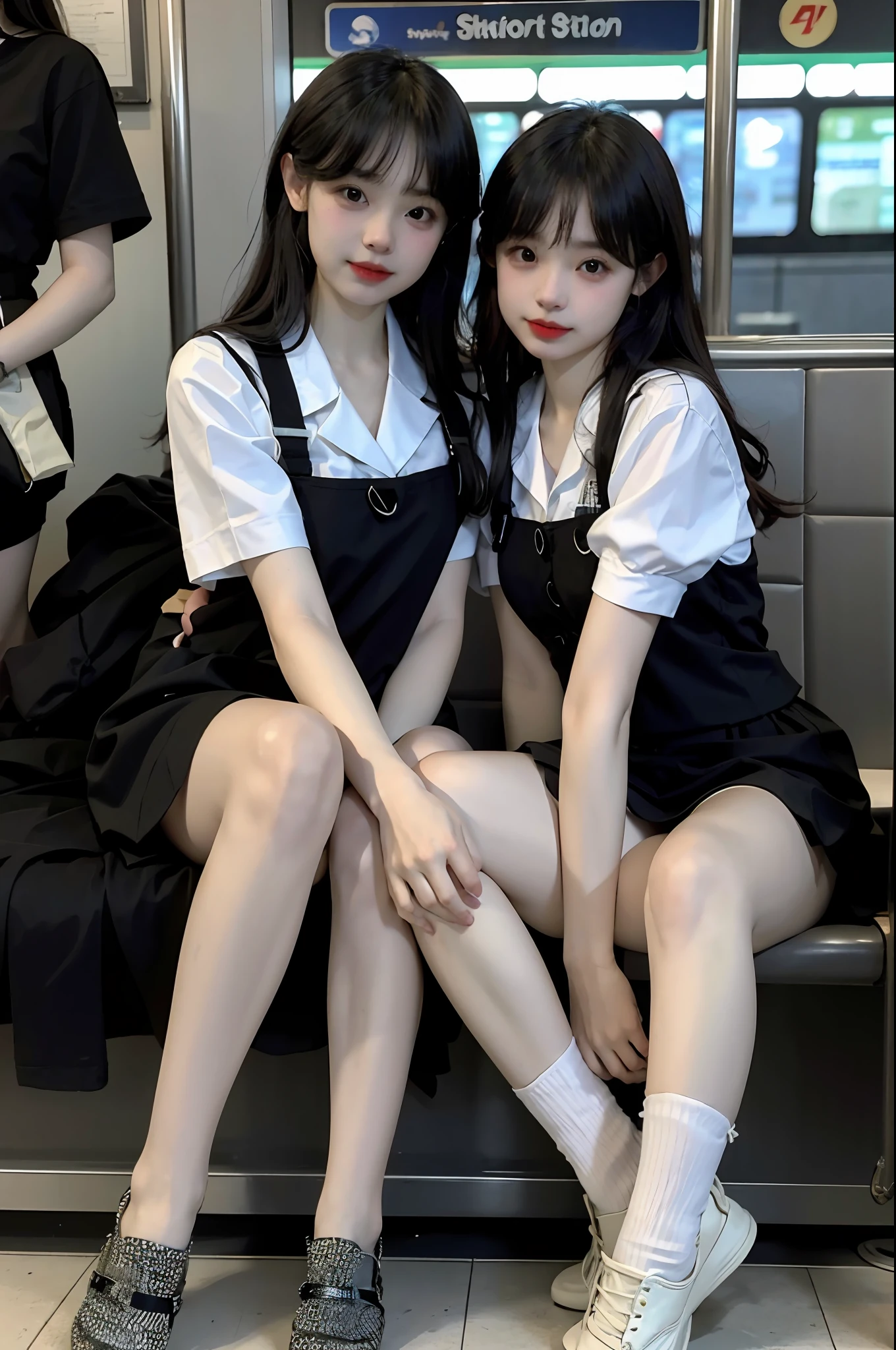 (8k, best quality, masterpiece: 1.2), (realistic, realistic, photorealistic: 1.37), 2 girls, hyper detail, beautiful detail eyes, beautiful detail nose, (((2girls))), twin girls, sailor suit, pleated short skirt, full body photo, subway station, crowds, shoes, sitting upright, hands between legs