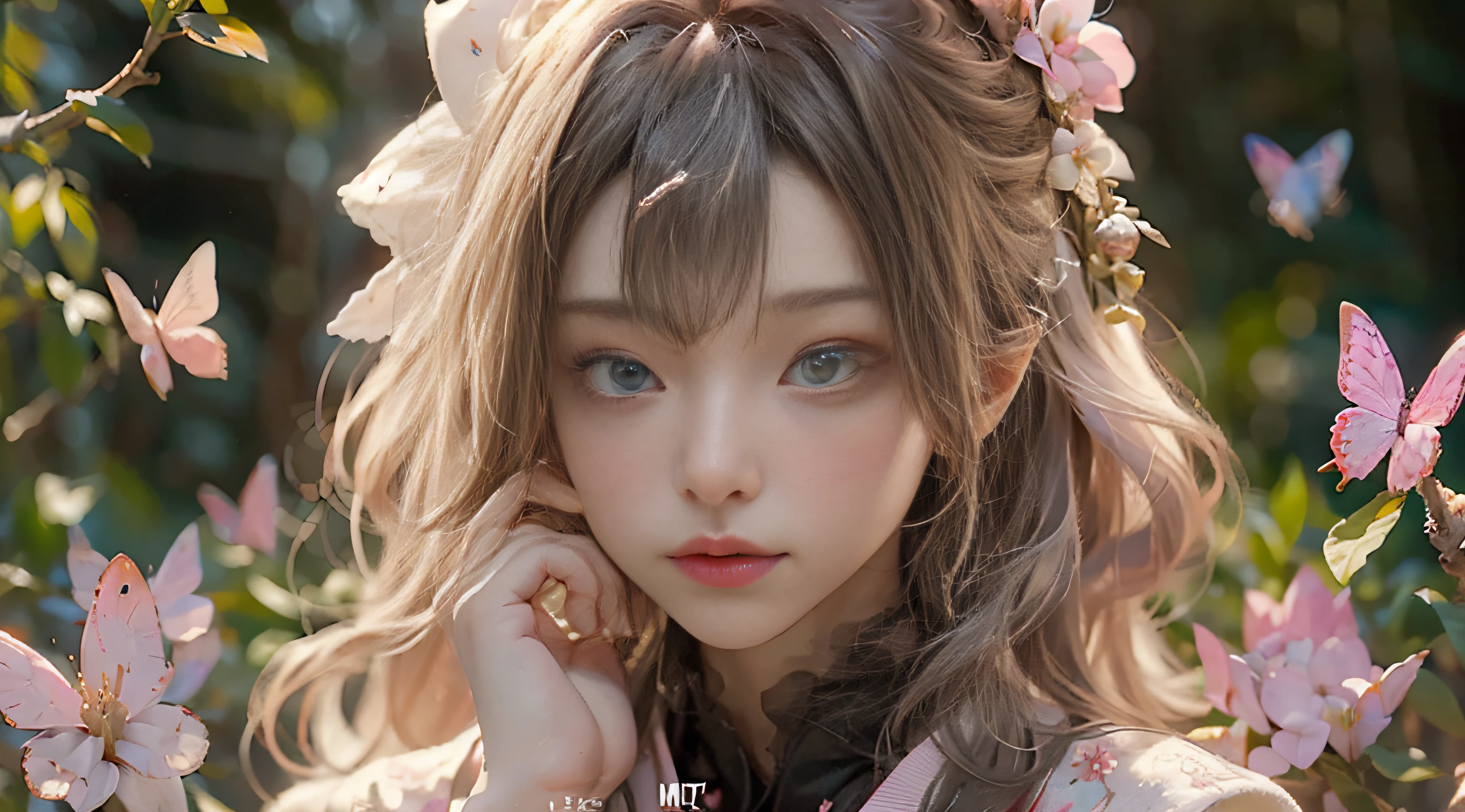 ((Best Quality)), ((Masterpiece)), (Detail: 1.4), 3D, Beautiful Cyberpunk Female Image, HDR (High Dynamic Range), Ray Tracing, NVIDIA RTX, Super Resolution, Unreal 5, Subsurface Scattering, PBR Texture, Post-Processing, Anisotropic Filtering, Depth of Field, Maximum Sharpness and Sharpness, Multi-layer Texture, Albedo and Highlight Mapping, Surface Coloring, Mitsu-Accurate Simulation of Material Interactions, Perfect Proportions, Octane Rendering, Two-color Light, Large Aperture, Low ISO, white balance, regular three-point, 8K RAW, beautiful bright pupils, flowing robe, fine pupils, delicate face and eyes, long eyelashes, blush, fluffy hair, pink lips, pure, cute, sweet girl, cherry blossom petals falling, butterflies, casual wear, high-end sense