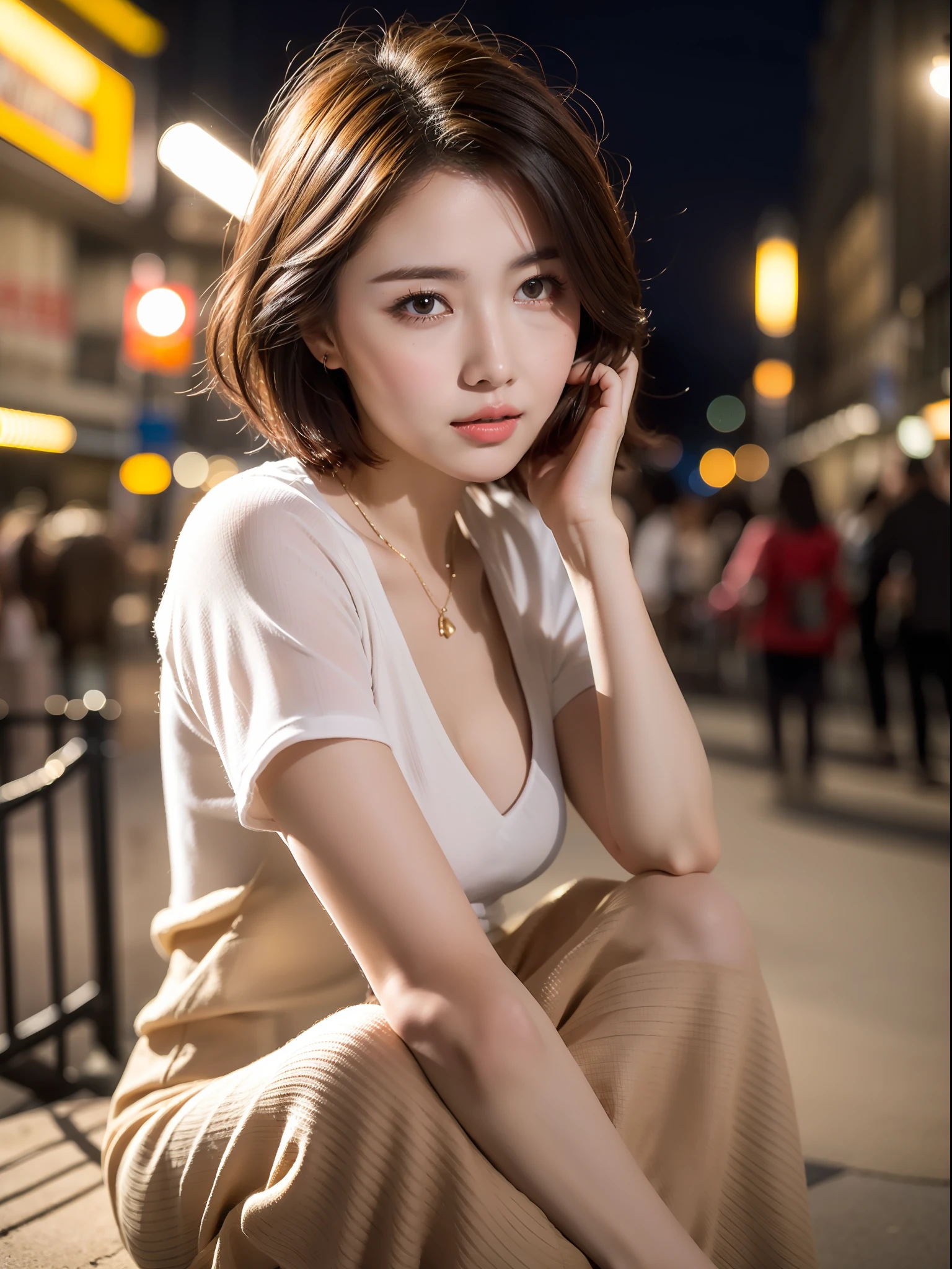 ((Best Quality, 8k, Masterpiece: 1.3, Raw Photo)), Sharp Focus: 1.2, (1 aespa Girl: 1.2), (Realistic, Photorealistic: 1.37), (Face Focus: 1.1), Cute Face, Tenderness, Small Breasts, Flat Breasts, Short Messy Hair, (White Casual Shirt: 1.1), Beautiful Woman Sitting Under Street Lamp Light, Movie Lighting