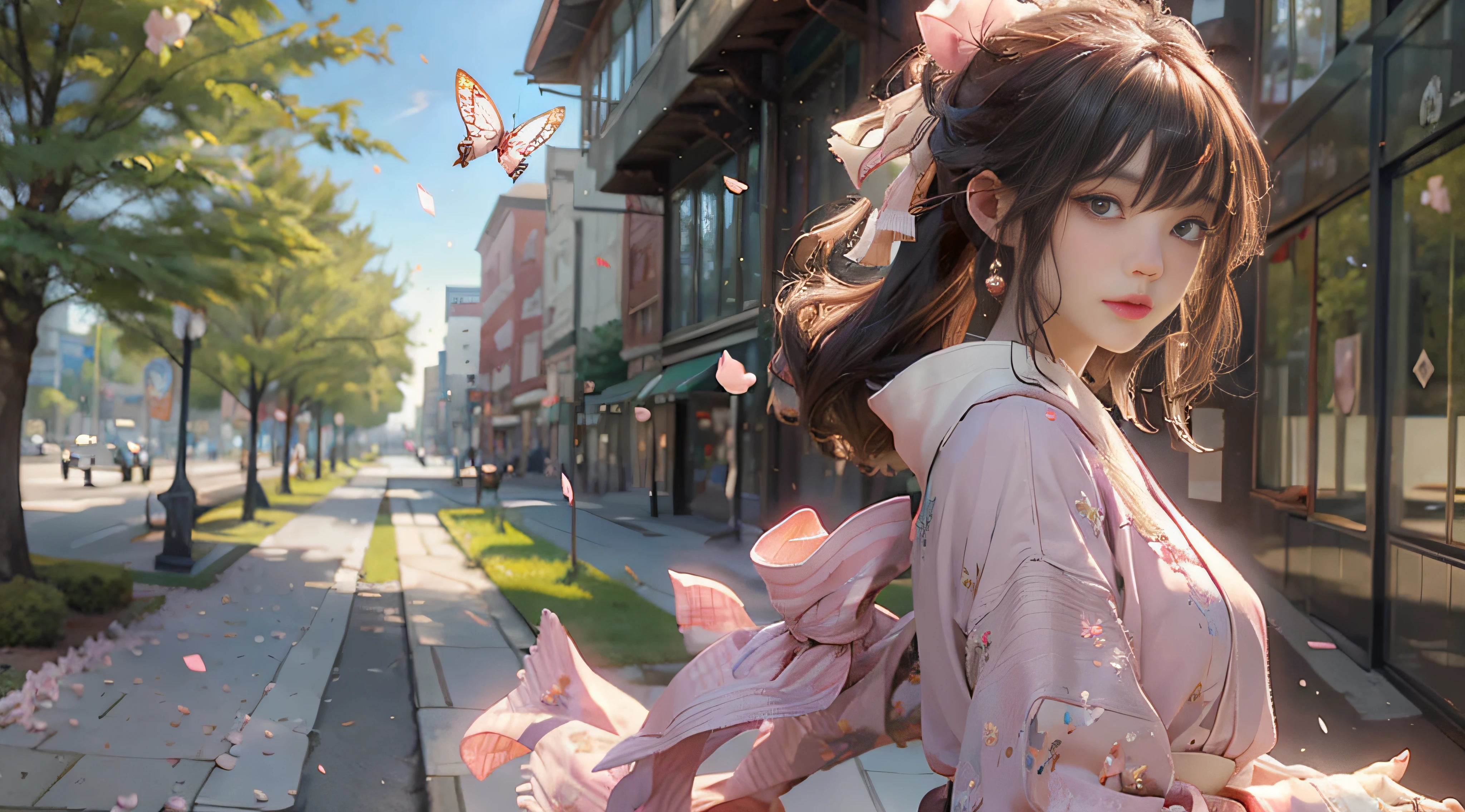 ((Best Quality)), ((Masterpiece)), (Detail: 1.4), 3D, Beautiful Cyberpunk Female Image, HDR (High Dynamic Range), Ray Tracing, NVIDIA RTX, Super Resolution, Unreal 5, Subsurface Scattering, PBR Texture, Post-Processing, Anisotropic Filtering, Depth of Field, Maximum Sharpness and Sharpness, Multi-layer Texture, Albedo and Highlight Mapping, Surface Coloring, Mitsu-Accurate Simulation of Material Interactions, Perfect Proportions, Octane Rendering, Two-color Light, Large Aperture, Low ISO, white balance, regular three-point, 8K RAW, beautiful bright pupils, flowing robe, fine pupils, delicate face and eyes, long eyelashes, blush, fluffy hair, pink lips, pure, cute, sweet girl, cherry blossom petals falling, butterflies, casual wear, high-end sense
