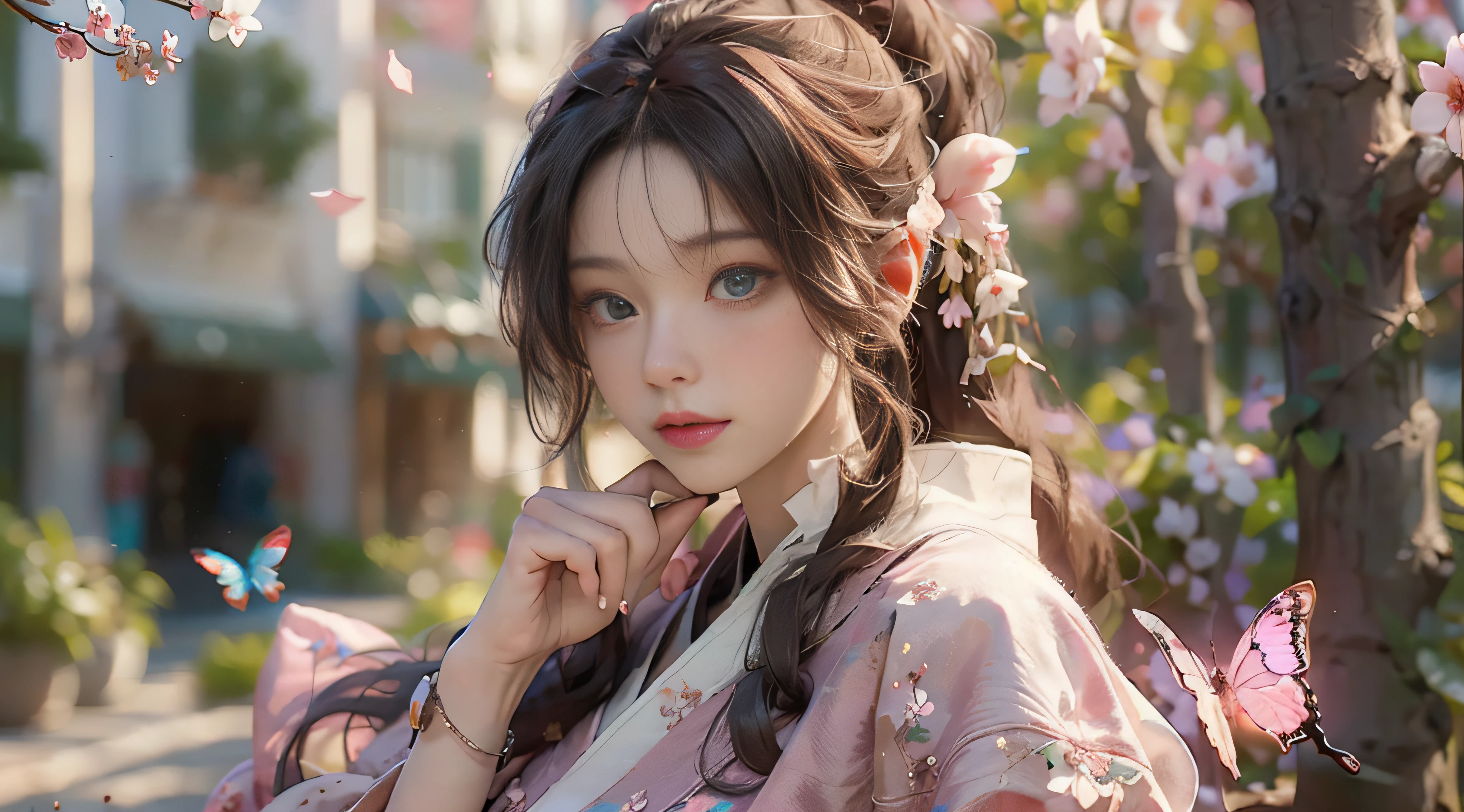 ((Best Quality)), ((Masterpiece)), (Detail: 1.4), 3D, Beautiful Cyberpunk Female Image, HDR (High Dynamic Range), Ray Tracing, NVIDIA RTX, Super Resolution, Unreal 5, Subsurface Scattering, PBR Texture, Post-Processing, Anisotropic Filtering, Depth of Field, Maximum Sharpness and Sharpness, Multi-layer Texture, Albedo and Highlight Mapping, Surface Coloring, Mitsu-Accurate Simulation of Material Interactions, Perfect Proportions, Octane Rendering, Two-color Light, Large Aperture, Low ISO, white balance, regular three-point, 8K RAW, beautiful bright pupils, flowing robe, fine pupils, delicate face and eyes, long eyelashes, blush, fluffy hair, pink lips, pure, cute, sweet girl, cherry blossom petals falling, butterflies, casual wear, high-end sense