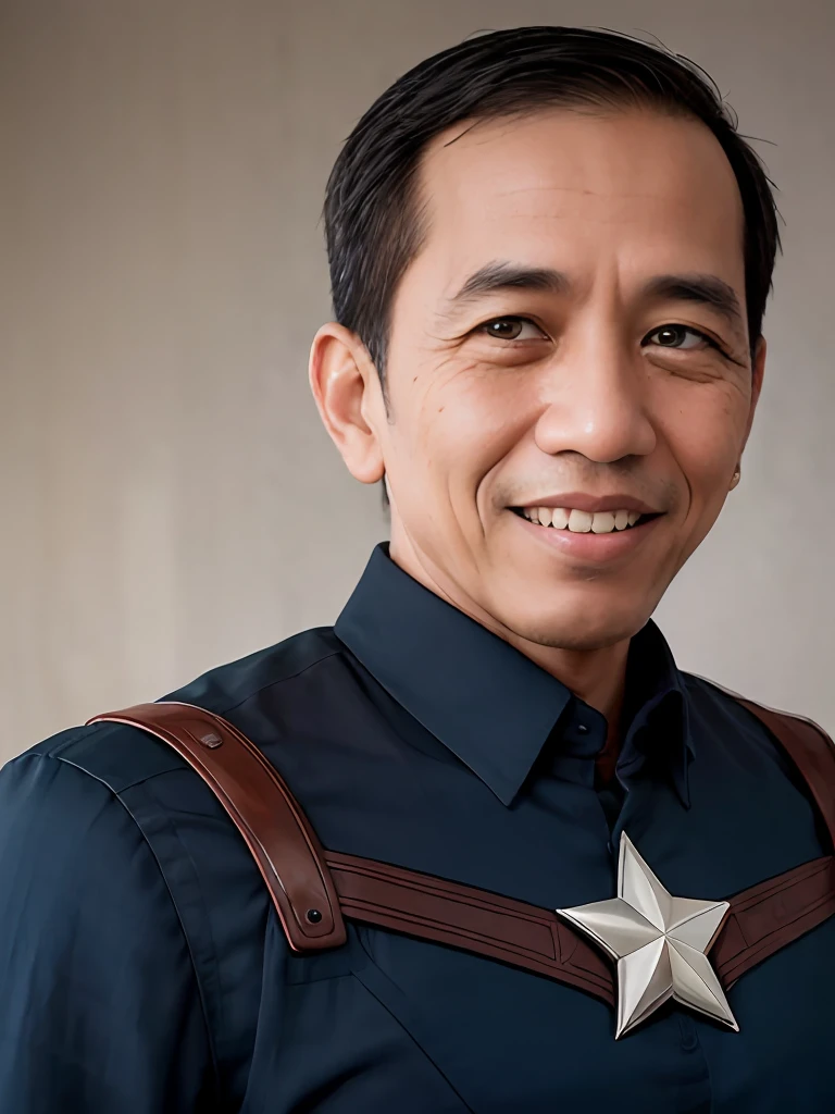 4k, Best quality, masterpiece, ultra high res, beautiful lighting, (realistic, photo-realistic:1.4), realistic background,  jokowi, 1man, 50 years old, smiling, wear captain america superhero outfit with a concave disk, long shot