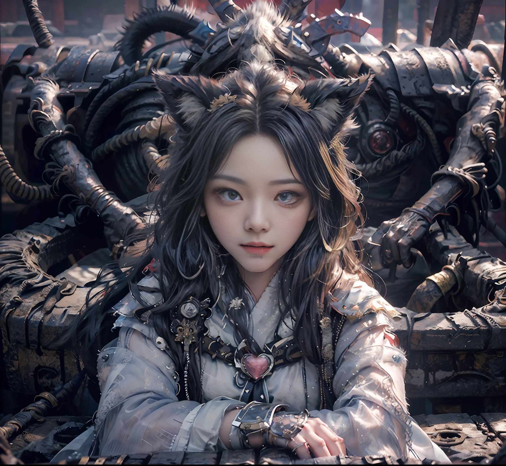longeyelashes, solid circle eyes, fake animal ears, light smile, ear blush, fang, hair spread out, low ponytail, heart-shaped pupils, crazy eyes, Surrealism, anaglyph, stereogram, tachi-e, pov, atmospheric perspective, chiaroscuro, overexposure, 8k, ccurate, best quality --auto