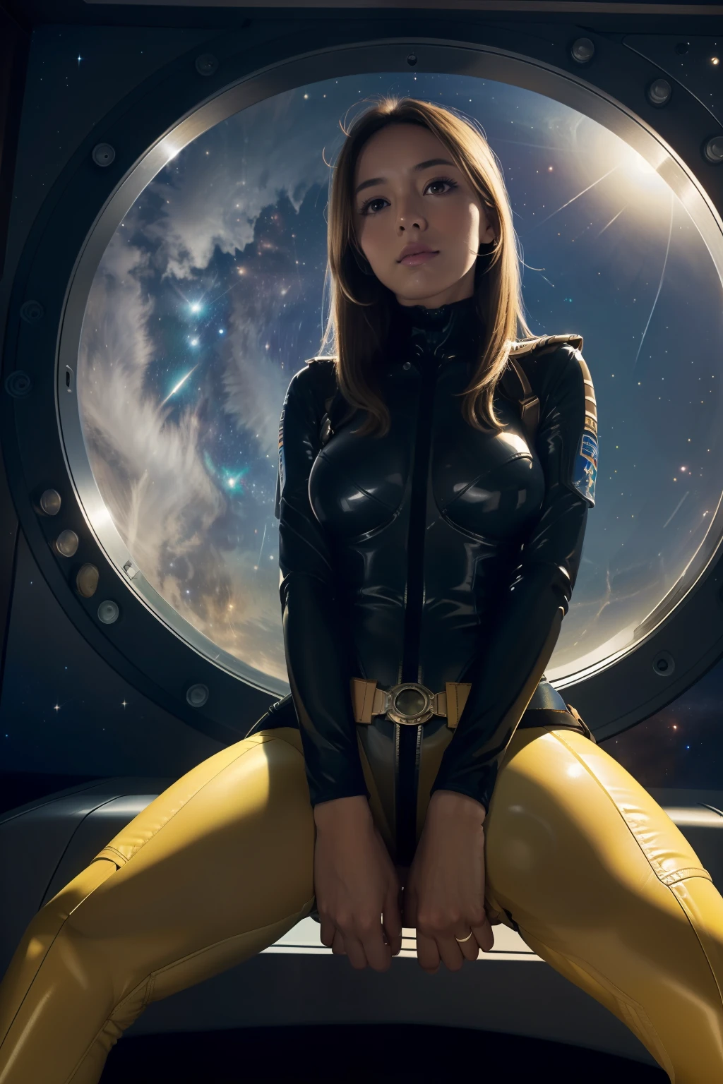 (masterpiece, best quality:1.2), (cowboy shot:1.1), solo, 1girl, mori yuki, slight smile, closed mouth, looking at viewer, blonde hair, thigh gap, (unzipped bodysuit:1.5), (open bodysuit:1.5), lace bra, leaning forward, yellow bodysuit, skin tight, belt, large window, (starship porthole:1.3), from front, (spread legs:1.3), (standing:1.1), starship interior, (outer space view:1.1), (orbital view:1.3), (night, stary sky:1.5), milky way