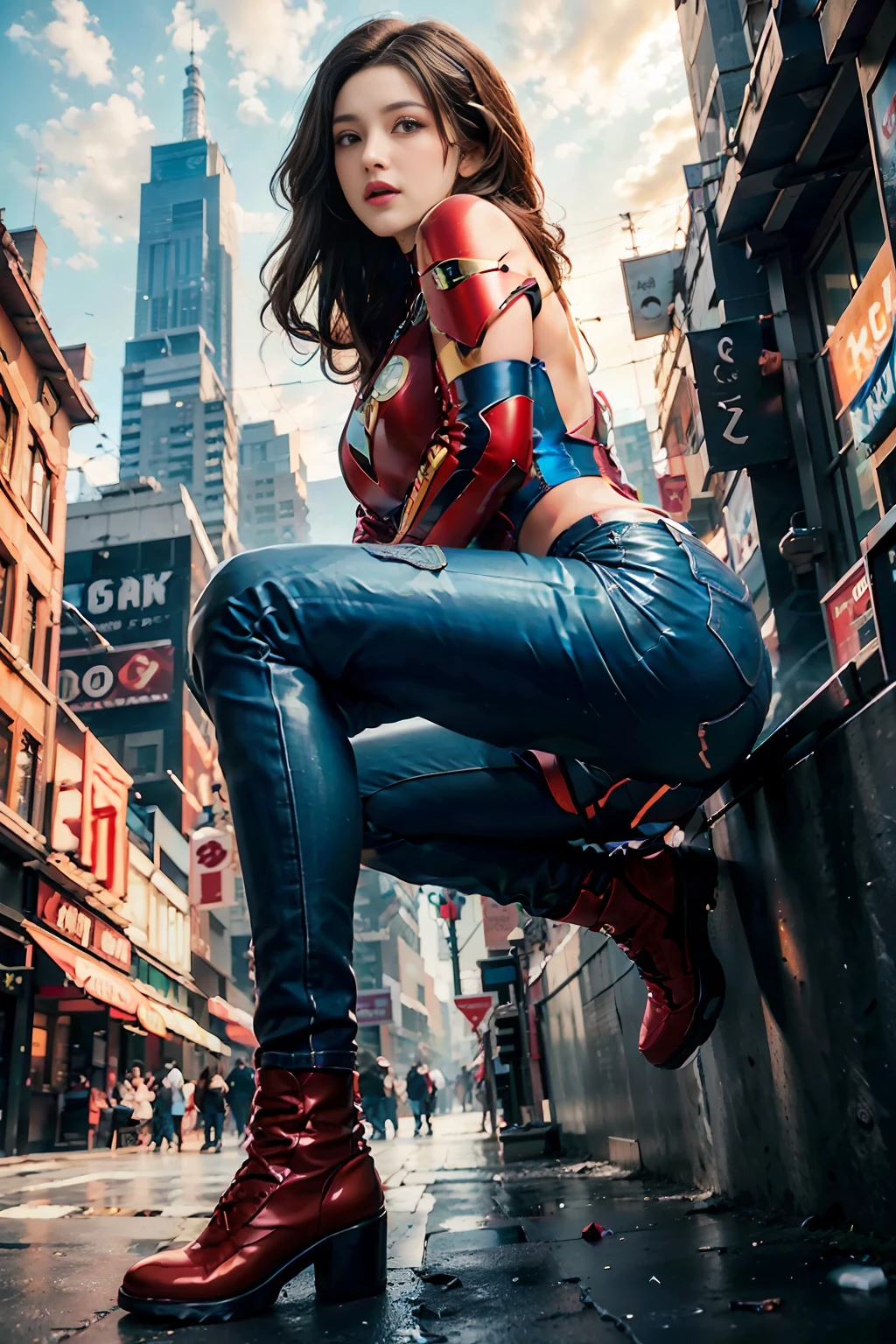 RAW, Masterpiece, Super Fine Photo, Best Quality, Ultra High Resolution, Photorealistic Photorealism, Sunlight, Full Body Portrait, Amazing Beauty, Dynamic Pose, Delicate Face, Vibrant Eyes, (From the side), She Wears Iron Man costume, Ragged Top, Jeans, Very Detailed Background, Detailed Face, Rack Server onRed Sky Background, Messy, Gorgeous, Milky White, Highly Detailed Skin, Realistic Skin Details, Visible Pores, Sharp Focus, Volume Fog, 8K UHD, DSLR , high quality, film grain, fair skin, photorealism, lomography, sprawling metropolis in futuristic dystopia , seen from below, translucent