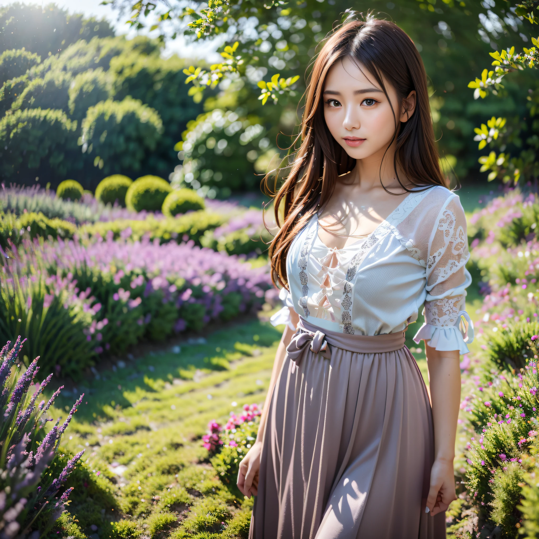 (8K, Masterpiece, Best Quality, High Resolution, Photorealistic), (1girl), Lavender field in Furano, from a little distance only from the waist up, large breasts, 20 years old, mature, very beautiful Japan woman, very detailed face, embarrassed smile, very detailed eyes, super detailed body, super dense arms, super dense hands, super dense feet, focus on face, small face, Sharp focus, stand facing the front, face slightly to the right, tunic, long skirt with ruffles