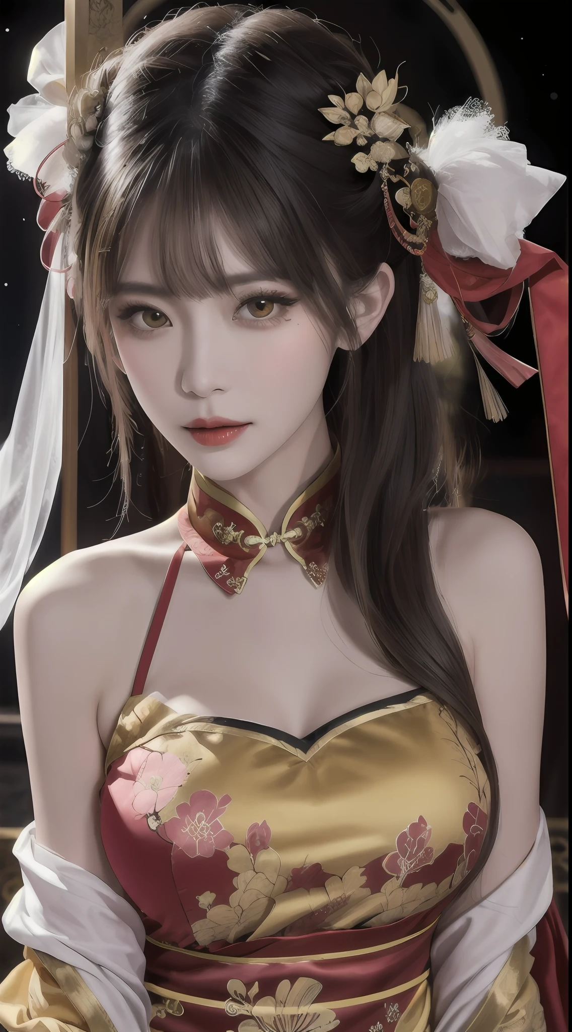 Woman wearing red and gold dress, flower background, palace, hanfu girl, wearing red cheongsam, chinese style, with ancient chinese costume, wearing ancient chinese costume, traditional beauty, Chinese Traditional, chinese girl, cheongsam, chinese costume, chinese princess, hanfu, chinese traditional clothing, chinese costume, 1 27-year-old girl, 1 zodiac goddess from the future, goddess of the pink and purple 12 zodiacs, the goddess of the zodiac in a yellow ao dai, a 12 zodiac ao dai with many black lace detail, mythology Goddess of the 12 zodiacs from the future, zodiac ♏, luxurious glittering zodiac style, dark and mysterious version, zodiac crown, lipstick lips red, thin and beautiful lips, mouth closed, characters made by karol bak and pino daeni, intricate detail, detailed background, extremely detailed, light magic, a woman, clear face, hair long with bangs, beautiful face in detail and well-proportioned eyes, (transparent yellow eyes: 1.8), big round eyes and very beautiful and detailed makeup, foresight, silk dress, mysterious makeup , double bangs and dyed light blonde , upper half portrait, zodiac goddess portrait, arms hanging loosely, Realistic and vivid photo, (stars make up the zodiac: 1.7), (sky background zodiac and fictitious space and time portal: 1.8), fiction art, RAW photo, hanfu picture, best photo, best photo quality, 8k quality, 8k ultra, super realistic, real photo most economical, the goddess poses sexy and seductive,