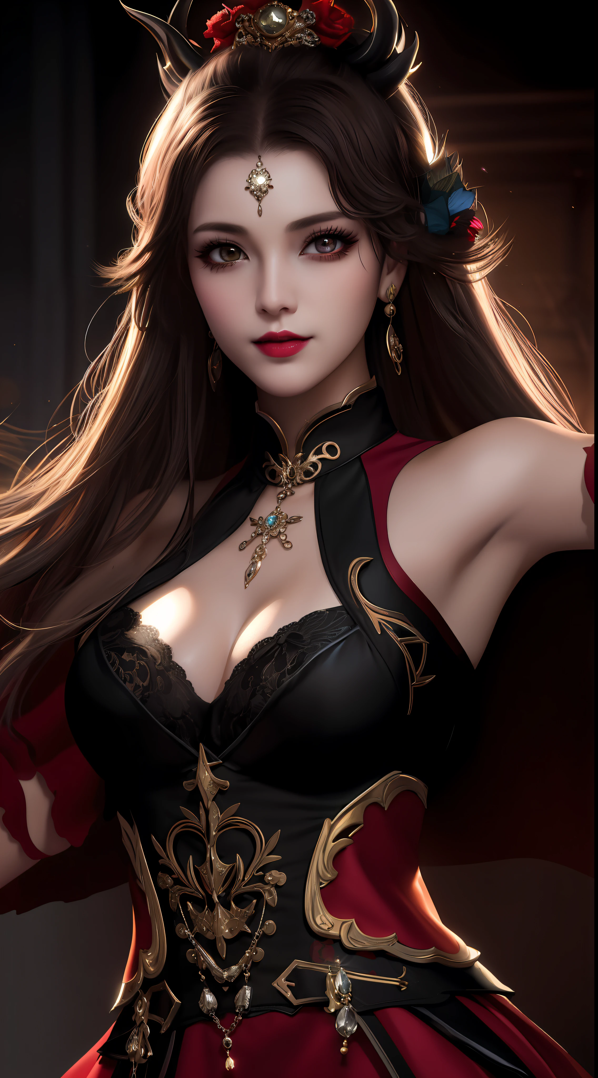best quality, masterpiece, highres, 1girl, lingerie china armor, hair ornament, necklace, jewelry, Beautiful face, upon_body, tyndall effect, photorealistic, dark studio, rim lighting, two tone lighting, (high detailed skin:1.2), 8k uhd, dslr, soft lighting, high quality, volumetric lighting, candid, Photograph, high resolution, 4k, 8k, Bokeh, medium breasts, (light pink lips), 1 beautiful devil woman from hell, In the Dark: 1.6), surreal female portrait by David Hockney and Alphonse Mucha, fantasy art, korea doll, photorealism, dynamic lighting, artstation, poster, volumetric lighting, very detailed faces, 8k ultra, Awarded, in the dark, deep shadow, low key, cowboy lens, (Red phoenix dress: 1.4), long hair, black hair, bust, luxurious palace, Royal style, devil crown, red eyes make up very sharp and detailed, The most beautiful face, The breasts are very big and round and round, Super realistic, chinese women's clothing, polo neck sweater, Charming smile, The eyes are very well made up, guweiz, devil style, wearing black mesh socks, Ponytail with a bow tied at the back of the hair, Red black lips, Devil tattoo on shoulder, wearing a thin red and black robe, the landscape is overcast and thunderous, (Portrait), Close-up of the main character, (Background details 1.8),(white armpit, fresh and beautiful)