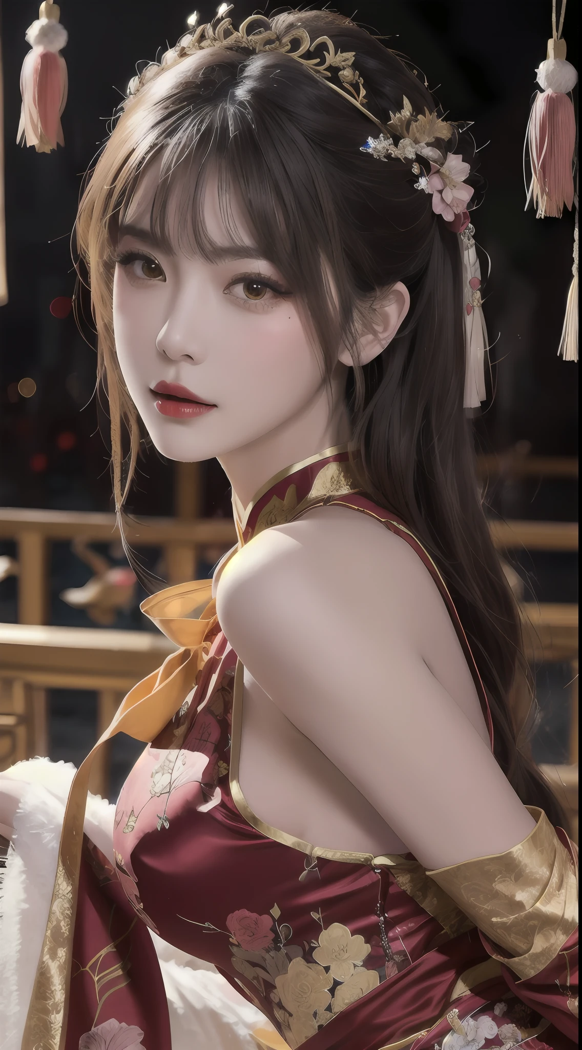 Woman wearing red and gold dress, flower background, palace, hanfu girl, wearing red cheongsam, chinese style, with ancient chinese costume, wearing ancient chinese costume, traditional beauty, Chinese Traditional, chinese girl, cheongsam, chinese costume, chinese princess, hanfu, chinese traditional clothing, chinese costume, 1 27-year-old girl, 1 zodiac goddess from the future, goddess of the pink and purple 12 zodiacs, the goddess of the zodiac in a yellow ao dai, a 12 zodiac ao dai with many black lace detail, mythology Goddess of the 12 zodiacs from the future, zodiac ♏, luxurious glittering zodiac style, dark and mysterious version, zodiac crown, lipstick lips red, thin and beautiful lips, mouth closed, characters made by karol bak and pino daeni, intricate detail, detailed background, extremely detailed, light magic, a woman, clear face, hair long with bangs, beautiful face in detail and well-proportioned eyes, (transparent yellow eyes: 1.8), big round eyes and very beautiful and detailed makeup, foresight, silk dress, mysterious makeup , double bangs and dyed light blonde , upper half portrait, zodiac goddess portrait, arms hanging loosely, Realistic and vivid photo, (stars make up the zodiac: 1.7), (sky background zodiac and fictitious space and time portal: 1.8), fiction art, RAW photo, hanfu picture, best photo, best photo quality, 8k quality, 8k ultra, super realistic, real photo most economical, the goddess poses sexy and seductive,