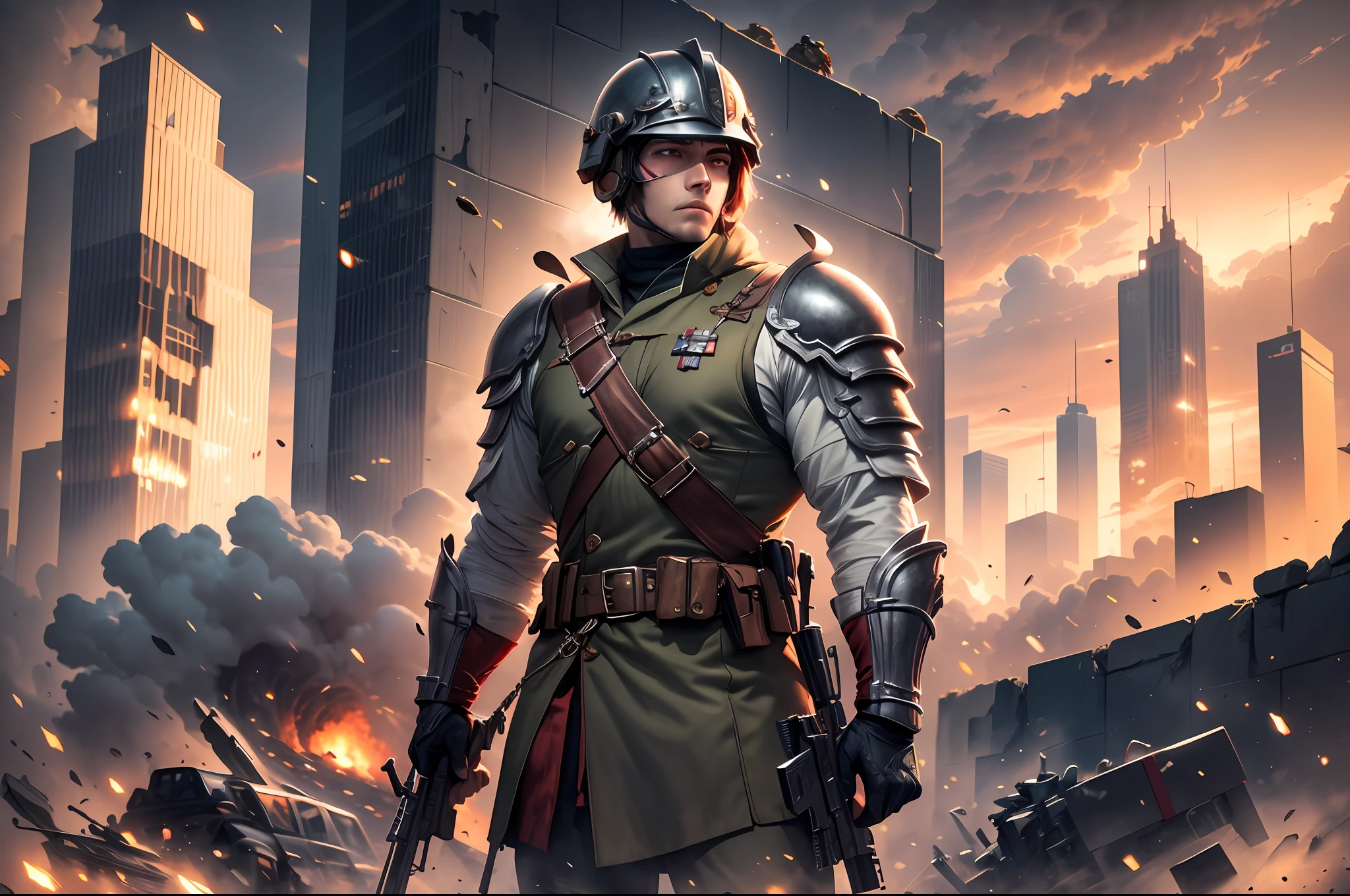 Under a blood-red sky, in the ruins, a soldier dressed in armor and holding an automatic rifle, behind him stood a protected mass, and the soldier faced many enemies.