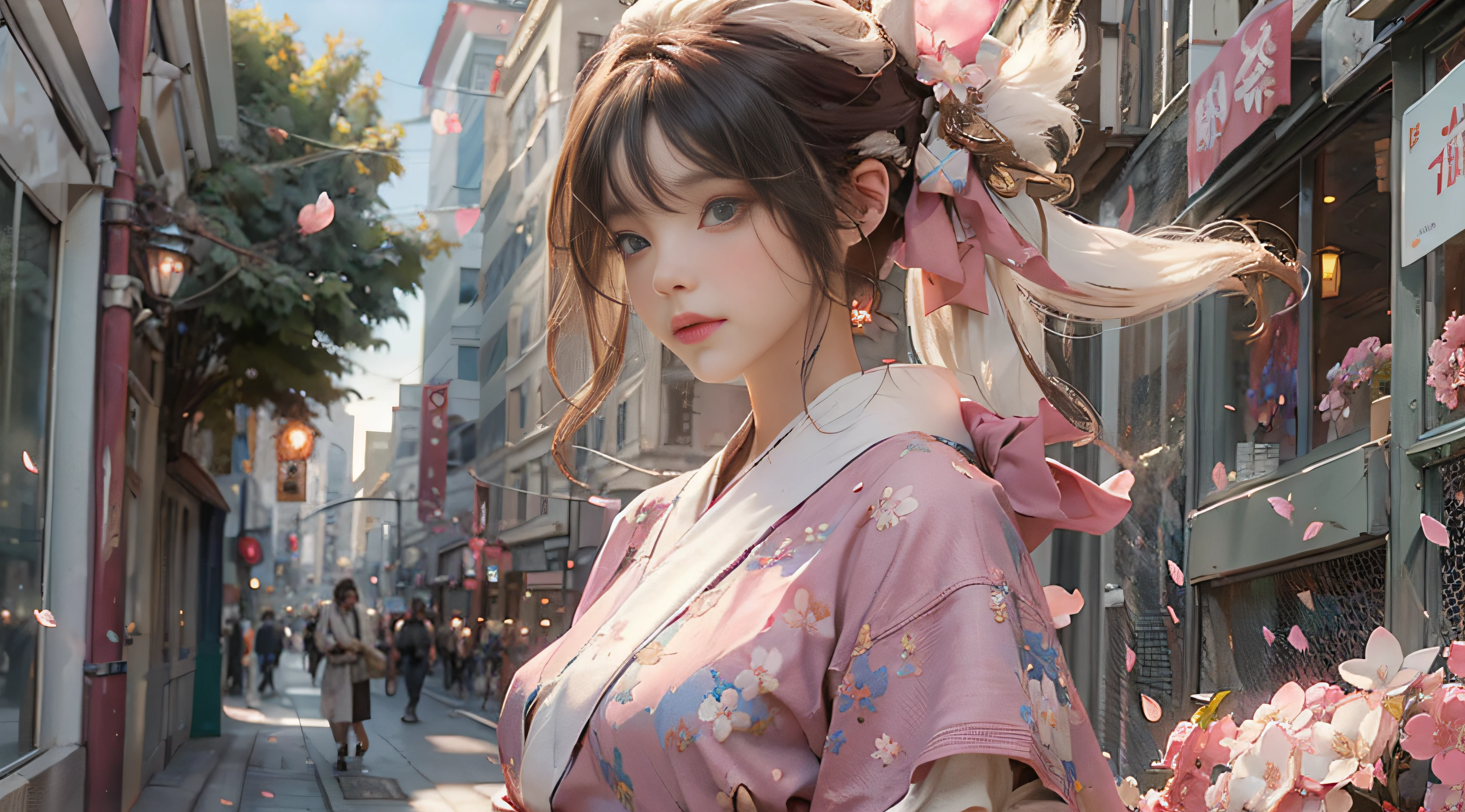 ((Best Quality)), ((Masterpiece)), (Detail: 1.4), 3D, Beautiful Cyberpunk Female Image, HDR (High Dynamic Range), Ray Tracing, NVIDIA RTX, Super Resolution, Unreal 5, Subsurface Scattering, PBR Texture, Post-Processing, Anisotropic Filtering, Depth of Field, Maximum Sharpness and Sharpness, Multi-layer Texture, Albedo and Highlight Mapping, Surface Coloring, Mitsu-Accurate Simulation of Material Interactions, Perfect Proportions, Octane Rendering, Two-color Light, Large Aperture, Low ISO, white balance, regular three-point, 8K RAW, beautiful bright pupils, flowing robe, fine pupils, delicate face and eyes, long eyelashes, blush, fluffy hair, pink lips, pure, cute, sweet girl, cherry blossom petals falling, butterflies, casual wear, high-end sense
