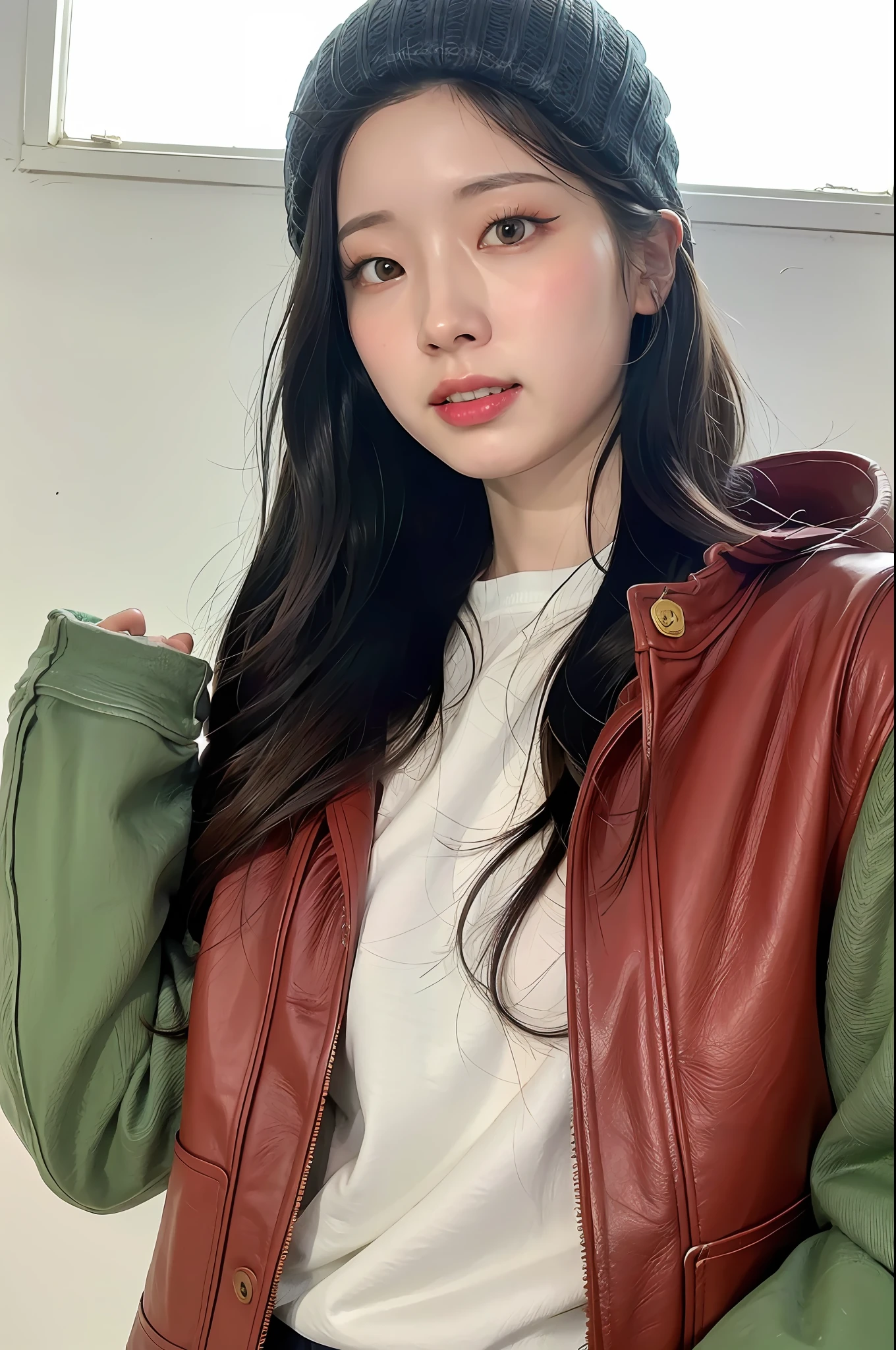 (
(8k:1.27), best quality, masterpiece, ultra highres:1.2) Photo of Pretty Japanese woman
(beautiful:1.1) (sci-fi warrior woman:1.1) space soldier, (beanie:1.61) (leather jacket:1.21) intricate elegant, fantasy, detailed, ometric by greg rutkowski and alphonse mucha, gradient lighting