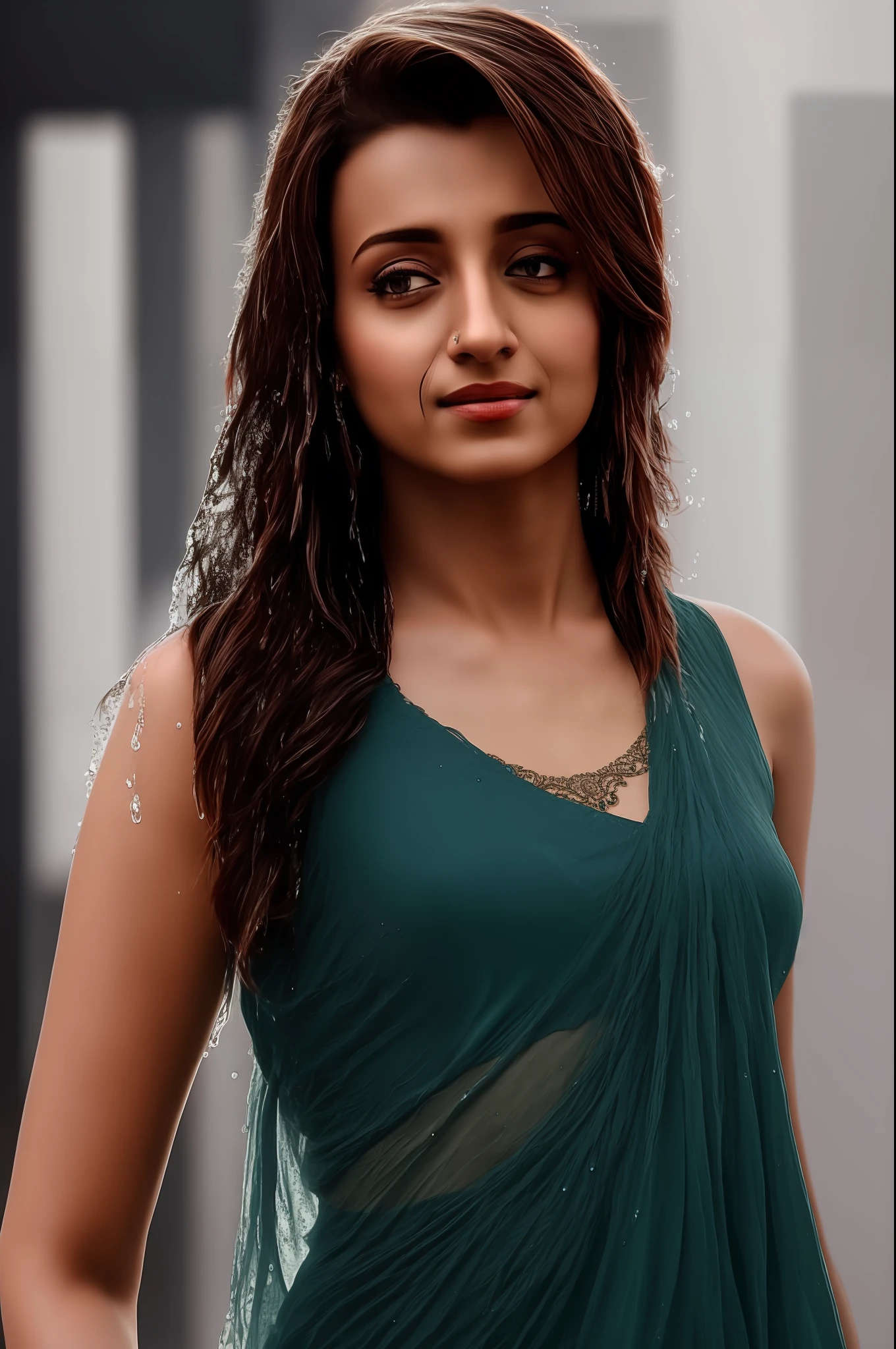 a women trisha, no bra,no saree,wearing wet blouse, indoors, (soothing tones:1.25), (hdr:1.25), (artstation:1.2), dramatic, (intricate details:1.14), (hyperrealistic 3d render:1.16), (filmic:0.55), (rutkowski:1.1), (faded:1.3)