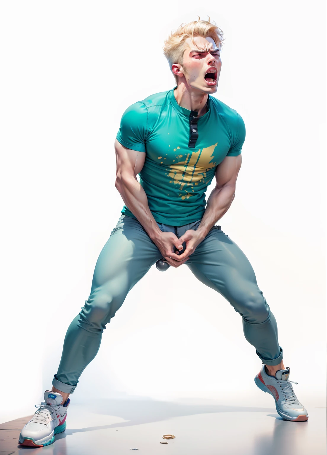 expression of pain, open mouth, blond man bulge, man pants with bulge, high quality image, super detailed image. super realistic image, background ring, fight scenery