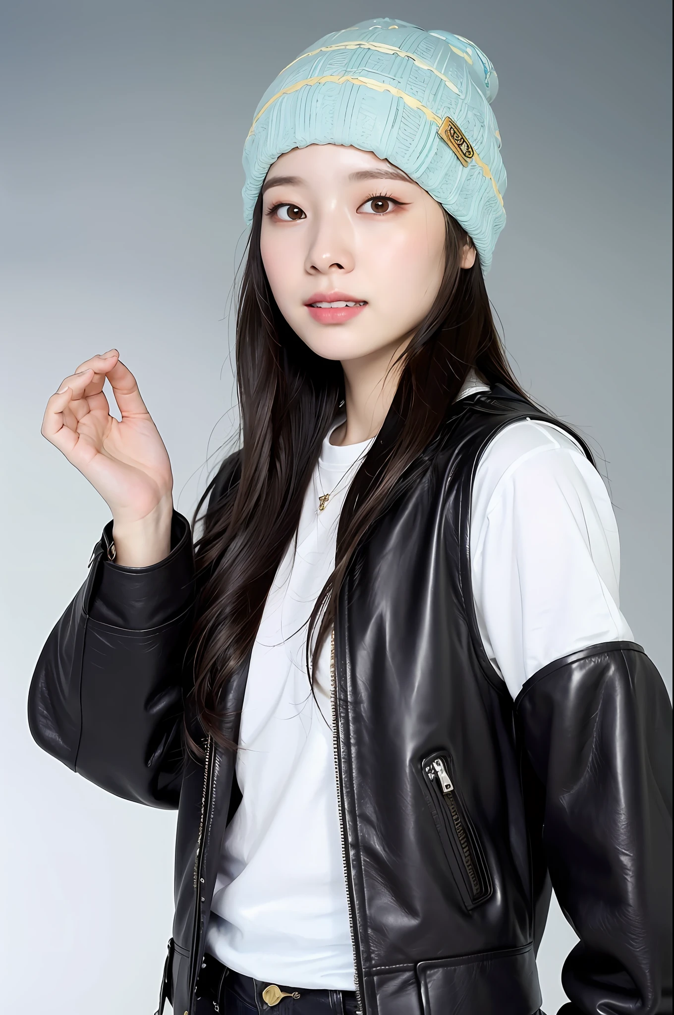 (
(8k:1.27), best quality, masterpiece, ultra highres:1.2) Photo of Pretty Japanese woman
(beautiful:1.1) (sci-fi warrior woman:1.1) space soldier, (beanie:1.61) (leather jacket:1.21) intricate elegant, fantasy, detailed, ometric by greg rutkowski and alphonse mucha, gradient lighting