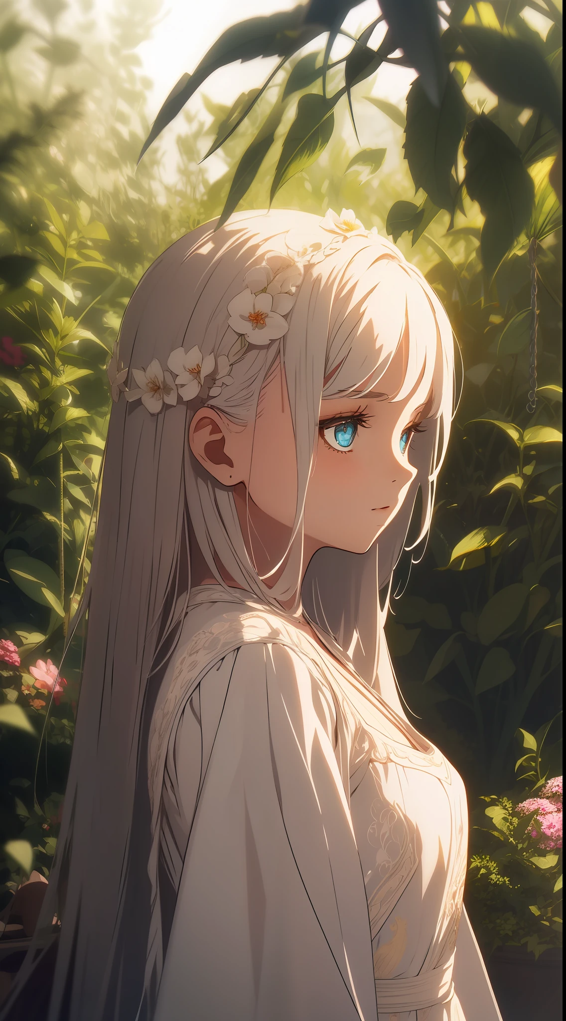 Cinematic Effects, Fancy Effects, Intricate Details, Solo, 1 Maiden, (2D + Crooked Bob: 1.2), Delicate Eyes, Dress, Garden, Ultra Wide Angle Lens, Sunlight, Light and Shadow, Religious, Holy, White and Tender Complexion, Quiet ,,,, Afternoon, Long Hair, Purity