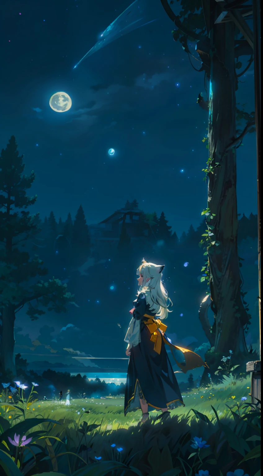 Extensive landscape photo , (above and below looking down), girl standing in flower field looking up, (full moon:1.2), ( shooting stars:0.9), (nebula:1.3), starry sky, white flower field, flower field shining, fantastic flower field, tree , (warm light source:1.2), (firefly:1. 2), lamp, orange and blue mostly fine details, voluminous lighting BREAK (Masterpiece:1.2), (top quality), 4k, super detailed, (dynamic composition:1.4), very fine details, colorful details, ( iridescent:1.2), (glowing lighting, atmospheric lighting), dreamy, fantastic, (solo:1.2), sparkling, glow, petals dancing, white hair, beautiful hair, long hair, cat ears, back view, water effects, soap bubbles, posed, hands are hidden in sleeves, Large lacy sleeves