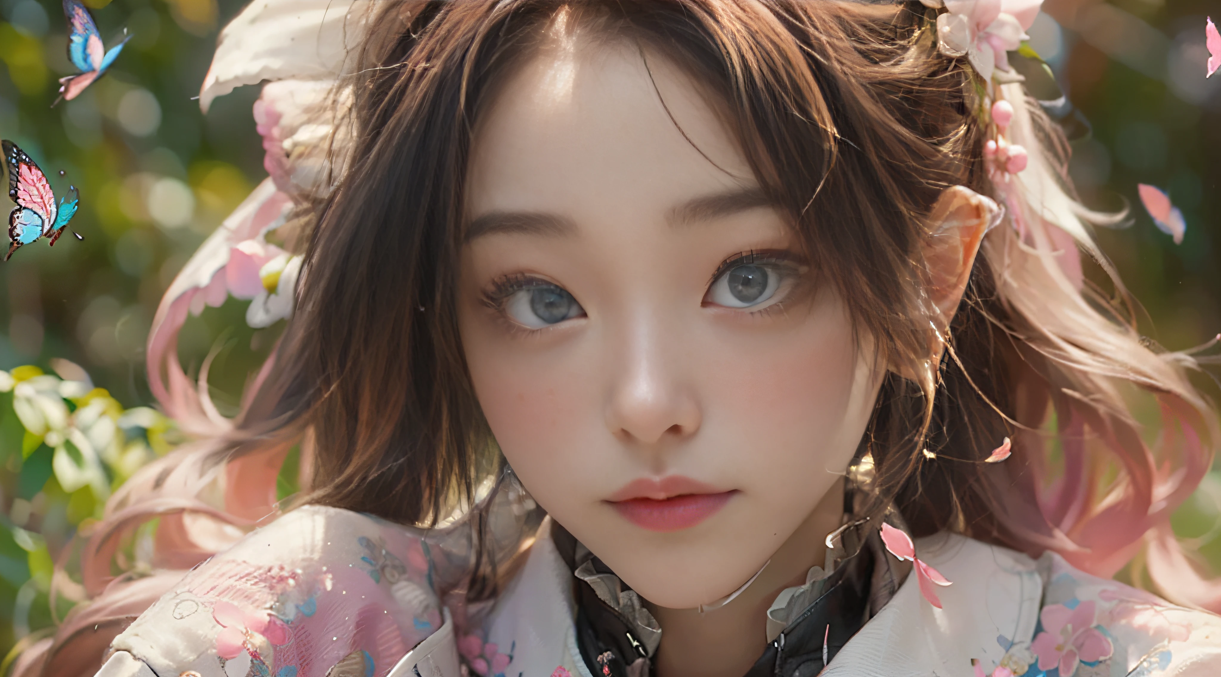 ((Best Quality)), ((Masterpiece)), (Detail: 1.4), 3D, Beautiful Cyberpunk Female Image, HDR (High Dynamic Range), Ray Tracing, NVIDIA RTX, Super Resolution, Unreal 5, Subsurface Scattering, PBR Texture, Post-Processing, Anisotropic Filtering, Depth of Field, Maximum Sharpness and Sharpness, Multi-layer Texture, Albedo and Highlight Mapping, Surface Coloring, Mitsu-Accurate Simulation of Material Interactions, Perfect Proportions, Octane Rendering, Two-color Light, Large Aperture, Low ISO, white balance, regular three-point, 8K RAW, beautiful bright pupils, flowing robe, fine pupils, delicate face and eyes, long eyelashes, blush, fluffy hair, pink lips, pure, cute, sweet girl, cherry blossom petals falling, butterflies, casual wear, high-end sense