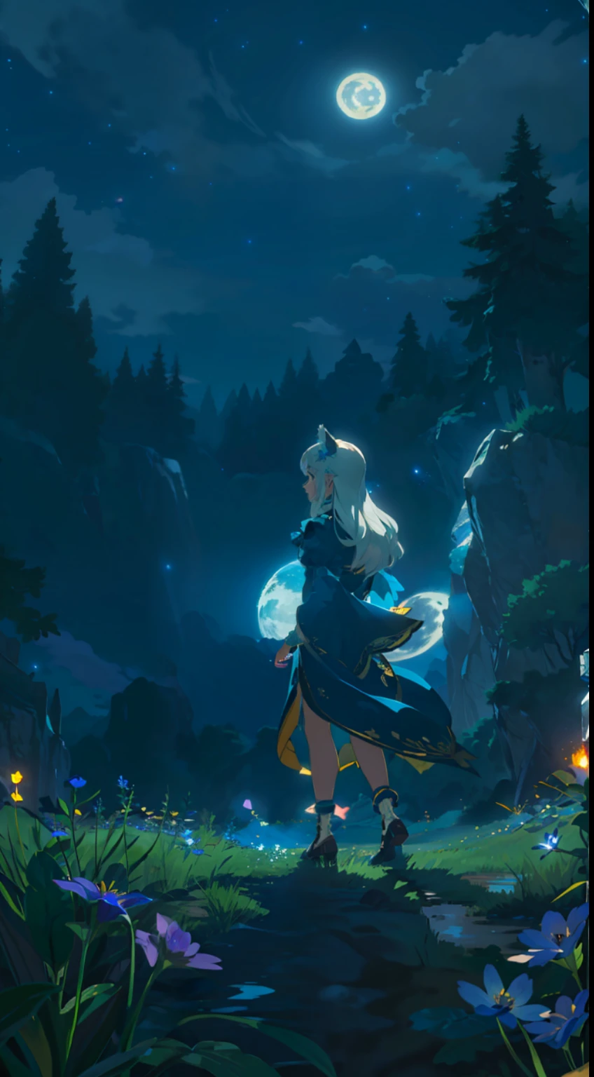 Extensive landscape photo , (above and below looking down), girl standing in flower field looking up, (full moon:1.2), ( shooting stars:0.9), (nebula:1.3), starry sky, white flower field, flower field shining, fantastic flower field, tree , (warm light source:1.2), (firefly:1. 2), lamp, orange and blue mostly fine details, voluminous lighting BREAK (Masterpiece:1.2), (top quality), 4k, super detailed, (dynamic composition:1.4), very fine details, colorful details, ( iridescent:1.2), (glowing lighting, atmospheric lighting), dreamy, fantastic, (solo:1.2), sparkling, glow, petals dancing, white hair, beautiful hair, long hair, cat ears, back view, water effects, soap bubbles, posed, hands are hidden in sleeves, Large lacy sleeves