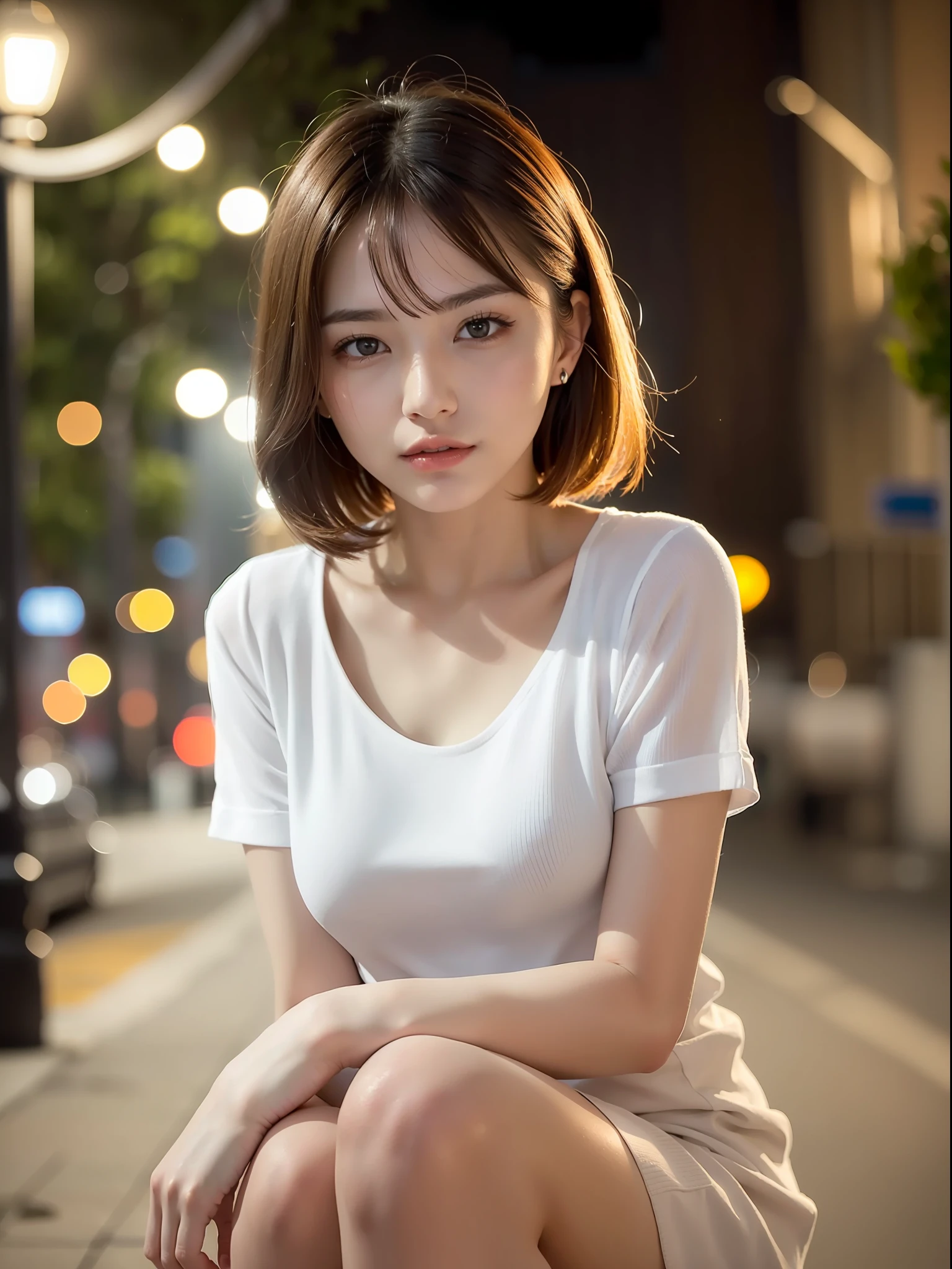 ((Best Quality, 8k, Masterpiece: 1.3, Raw Photo)), Sharp Focus: 1.2, (1 aespa Girl: 1.2), (Realistic, Photorealistic: 1.37), (Face Focus: 1.1), Cute Face, Tenderness, Small Breasts, Flat Breasts, Short Messy Hair, (White Casual Shirt: 1.1), Beautiful Woman Sitting Under Street Lamp Light, Movie Lighting