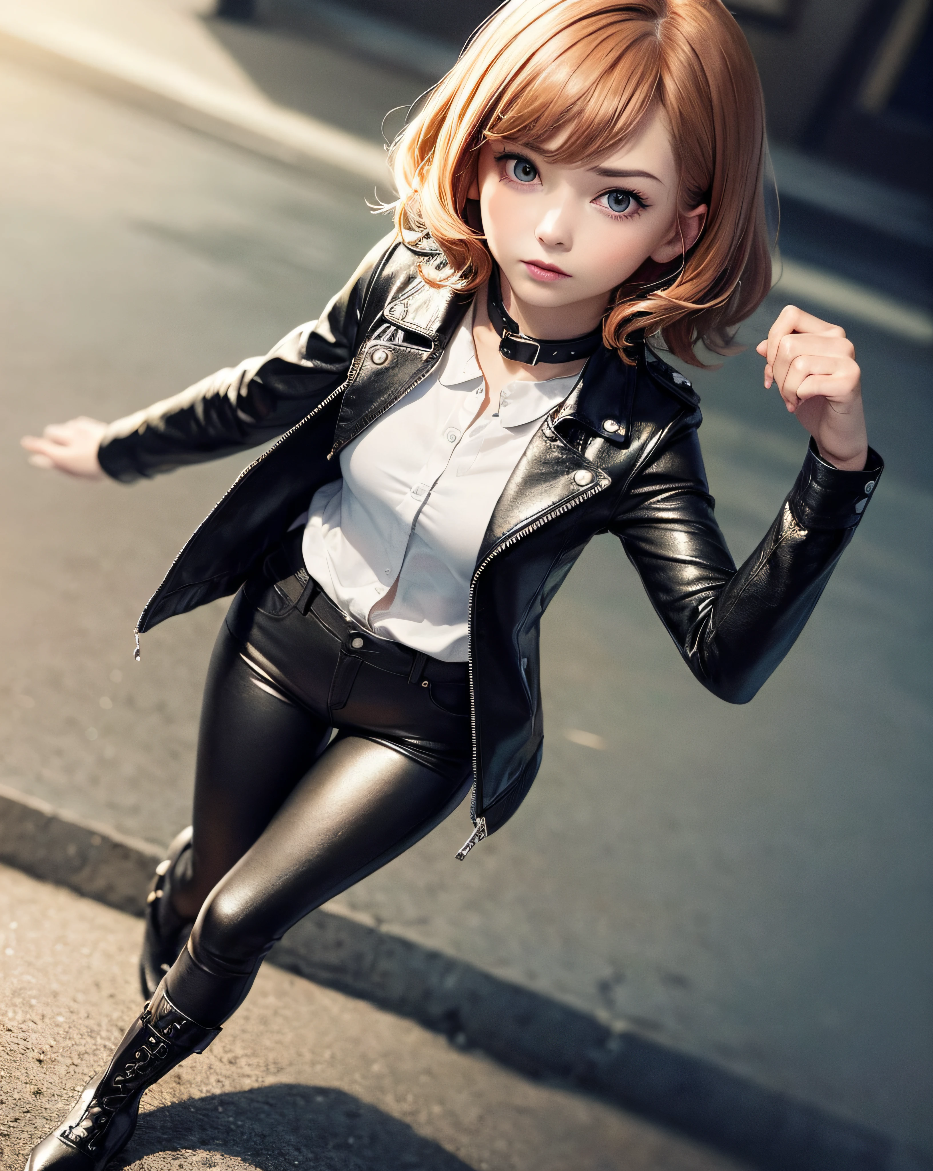 ((Medium, Tomboy, Small Head)), (Perfect Body: 1.1), (Short Wavy Hair: 1.2), Reddish Brown, Collar, Full Body Shot, Crowded City, Red Leather Jacket, Long Black Leather Pants, White Shirt with Collar, (Very Elaborate CG 8K Wallpaper), (Very Delicate and Beautiful), (Masterpiece), (Best Quality): 1.0), (Ultra High Definition: 1.0), Beautiful Lighting, Perfect Lightning, realistic shadows, [High Resolution], Detailed skins, Super Detail ((Colorful)), Long Boots,