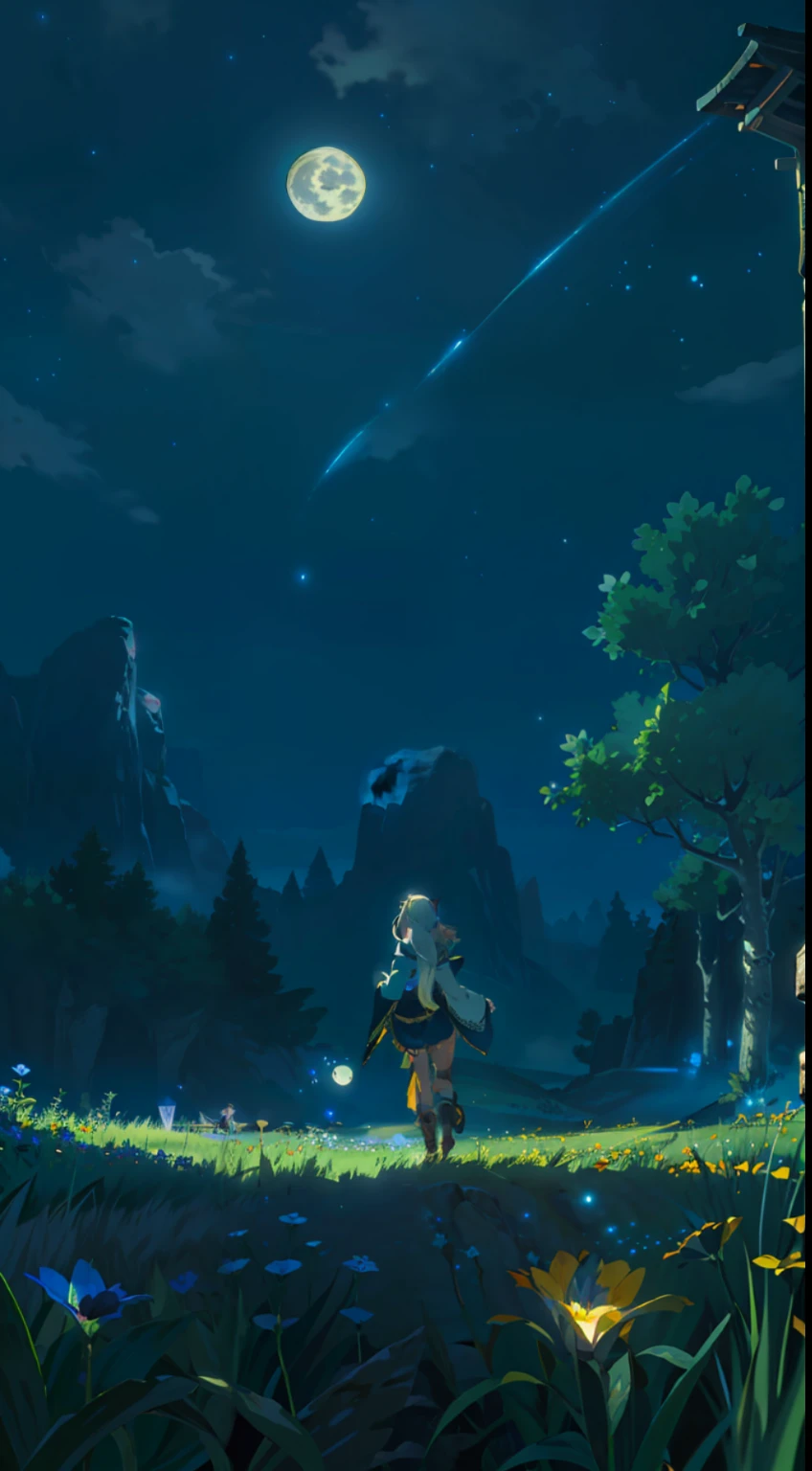 Extensive landscape photo , (above and below looking down), girl standing in flower field looking up, (full moon:1.2), ( shooting stars:0.9), (nebula:1.3), starry sky, white flower field, flower field shining, fantastic flower field, tree , (warm light source:1.2), (firefly:1. 2), lamp, orange and blue mostly fine details, voluminous lighting BREAK (Masterpiece:1.2), (top quality), 4k, super detailed, (dynamic composition:1.4), very fine details, colorful details, ( iridescent:1.2), (glowing lighting, atmospheric lighting), dreamy, fantastic, (solo:1.2), sparkling, glow, petals dancing, white hair, beautiful hair, long hair, cat ears, back view, water effects, soap bubbles, posed, hands are hidden in sleeves, Large lacy sleeves