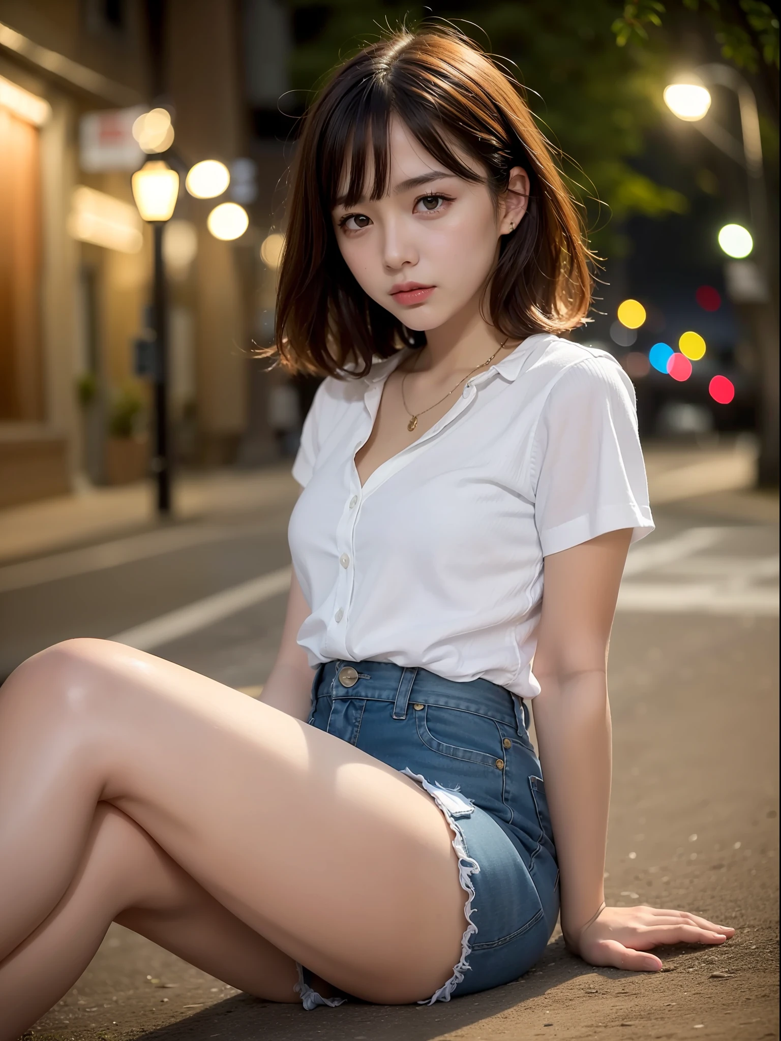 ((Best Quality, 8k, Masterpiece: 1.3, Raw Photo)), Sharp Focus: 1.2, (1 aespa Girl: 1.2), (Realistic, Photorealistic: 1.37), (Face Focus: 1.1), Cute Face, Tenderness, Small Breasts, Flat Breasts, Short Messy Hair, (White Casual Shirt: 1.1), Beautiful Woman Sitting Under Street Lamp Light, Movie Lighting