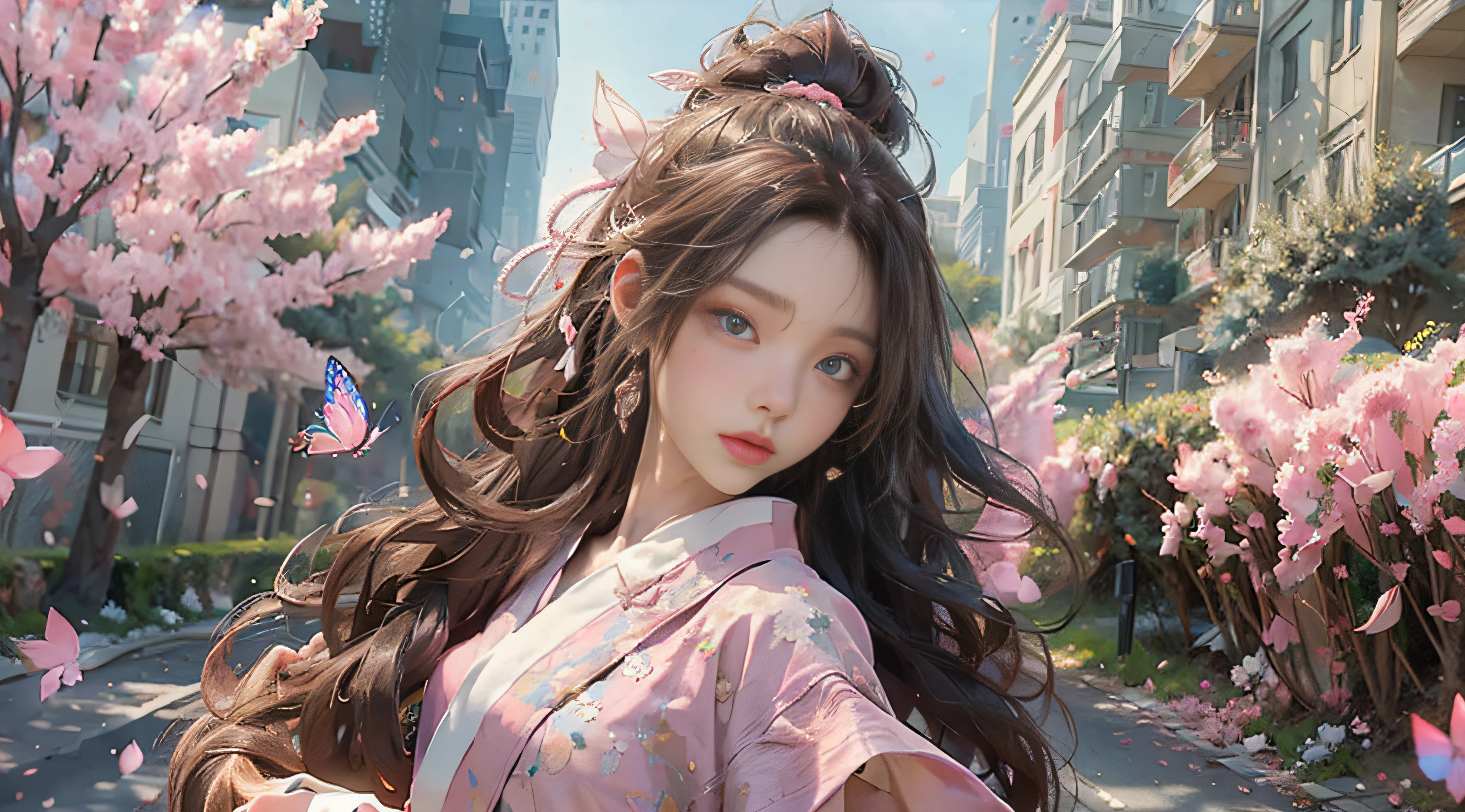 ((Best Quality)), ((Masterpiece)), (Detail: 1.4), 3D, Beautiful Cyberpunk Female Image, HDR (High Dynamic Range), Ray Tracing, NVIDIA RTX, Super Resolution, Unreal 5, Subsurface Scattering, PBR Texture, Post-Processing, Anisotropic Filtering, Depth of Field, Maximum Sharpness and Sharpness, Multi-layer Texture, Albedo and Highlight Mapping, Surface Coloring, Mitsu-Accurate Simulation of Material Interactions, Perfect Proportions, Octane Rendering, Two-color Light, Large Aperture, Low ISO, white balance, regular three-point, 8K RAW, beautiful bright pupils, flowing robe, fine pupils, delicate face and eyes, long eyelashes, blush, fluffy hair, pink lips, pure, cute, sweet girl, cherry blossom petals falling, butterflies, casual wear, high-end sense