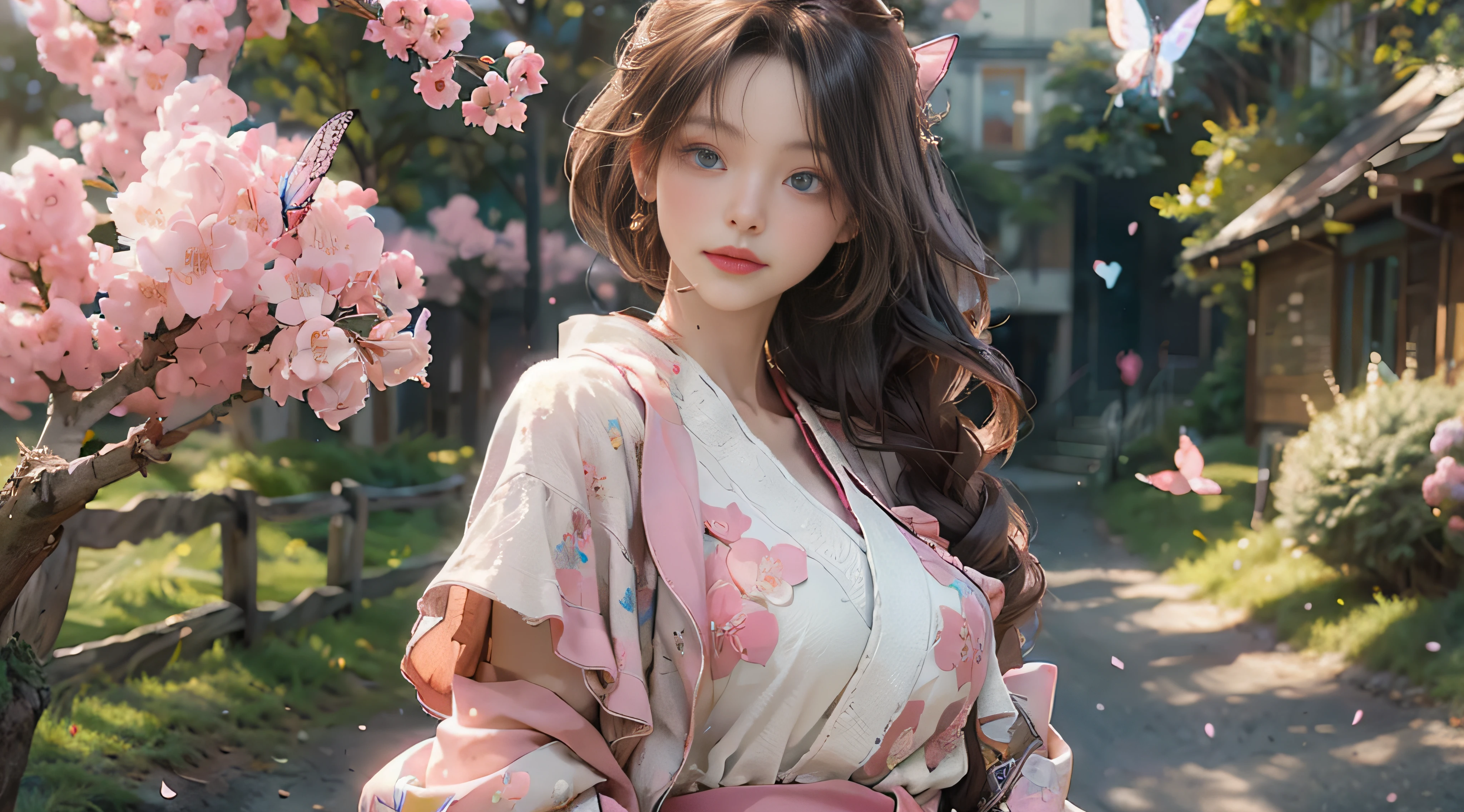 ((Best Quality)), ((Masterpiece)), (Detail: 1.4), 3D, Beautiful Cyberpunk Female Image, HDR (High Dynamic Range), Ray Tracing, NVIDIA RTX, Super Resolution, Unreal 5, Subsurface Scattering, PBR Texture, Post-Processing, Anisotropic Filtering, Depth of Field, Maximum Sharpness and Sharpness, Multi-layer Texture, Albedo and Highlight Mapping, Surface Coloring, Mitsu-Accurate Simulation of Material Interactions, Perfect Proportions, Octane Rendering, Two-color Light, Large Aperture, Low ISO, white balance, regular three-point, 8K RAW, beautiful bright pupils, flowing robe, fine pupils, delicate face and eyes, long eyelashes, blush, fluffy hair, pink lips, pure, cute, sweet girl, cherry blossom petals falling, butterflies, casual wear, high-end sense