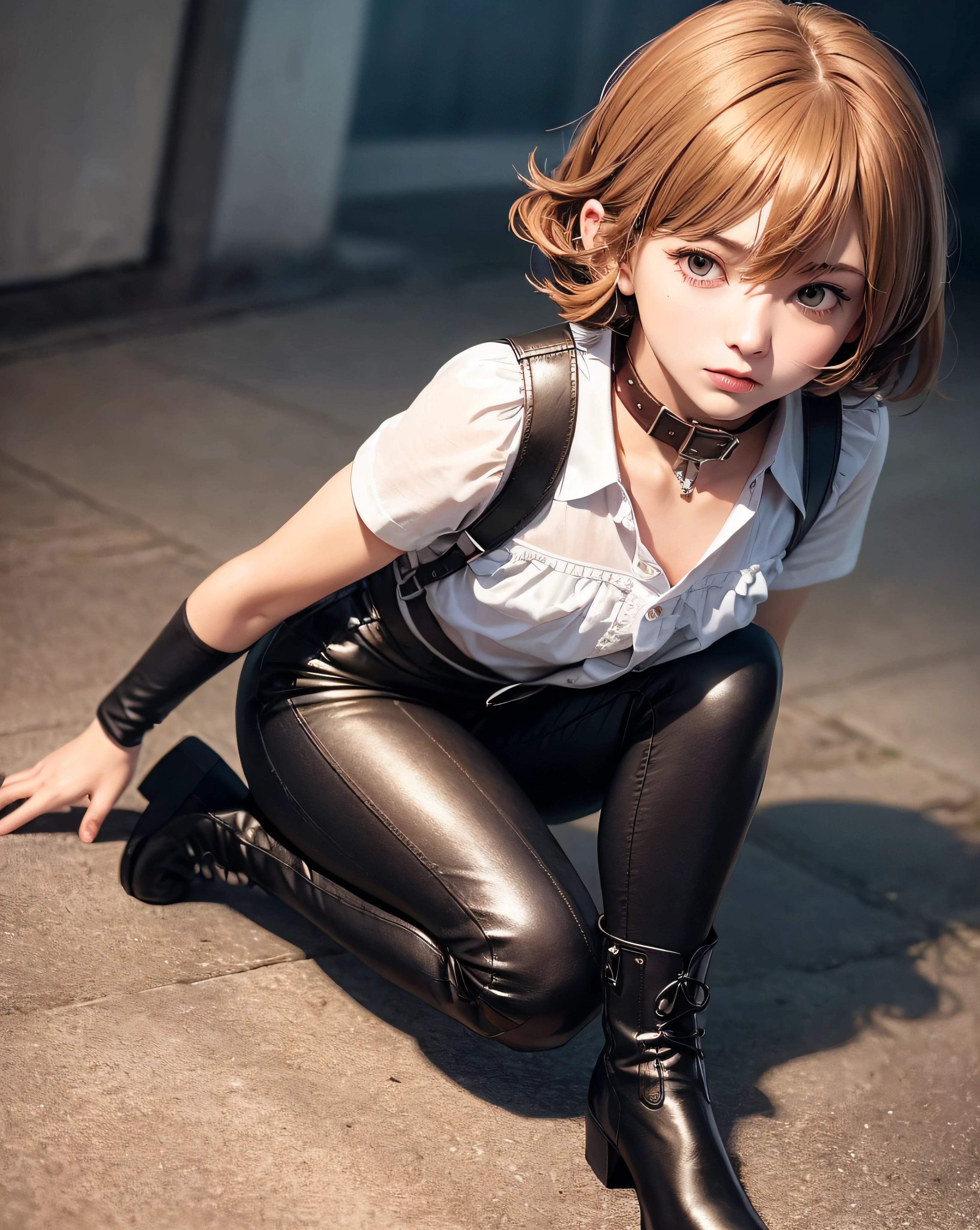 ((Medium, Tomboy, Small Head)), (Perfect Body: 1.1), (Short Wavy Hair: 1.2), Reddish Brown, Collar, Full Body Shot, Crowded City, Red Leather Jacket, Long Black Leather Pants, White Shirt with Collar, (Very Elaborate CG 8K Wallpaper), (Very Delicate and Beautiful), (Masterpiece), (Best Quality): 1.0), (Ultra High Definition: 1.0), Beautiful Lighting, Perfect Lightning, realistic shadows, [High Resolution], Detailed skins, Super Detail ((Colorful)), Long Boots,