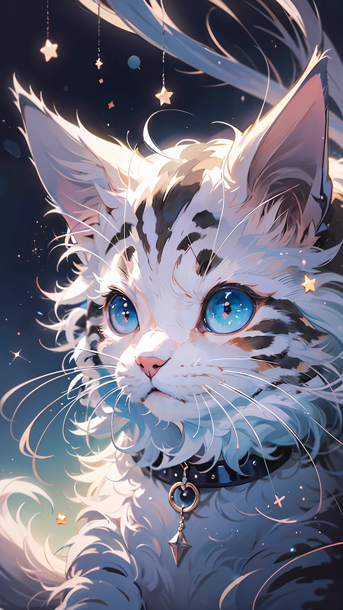 anime cat with blue eyes and stars on background, anime cat, cute cat anime visual, realistic anime cat, cute detailed digital art, anime art wallpaper 4k, anime art wallpaper 4k, very beautiful furry art, beautiful anime cat, very beautiful anime cat, 4k manga wallpaper, cute anime cat girl, anime art wallpaper 8k