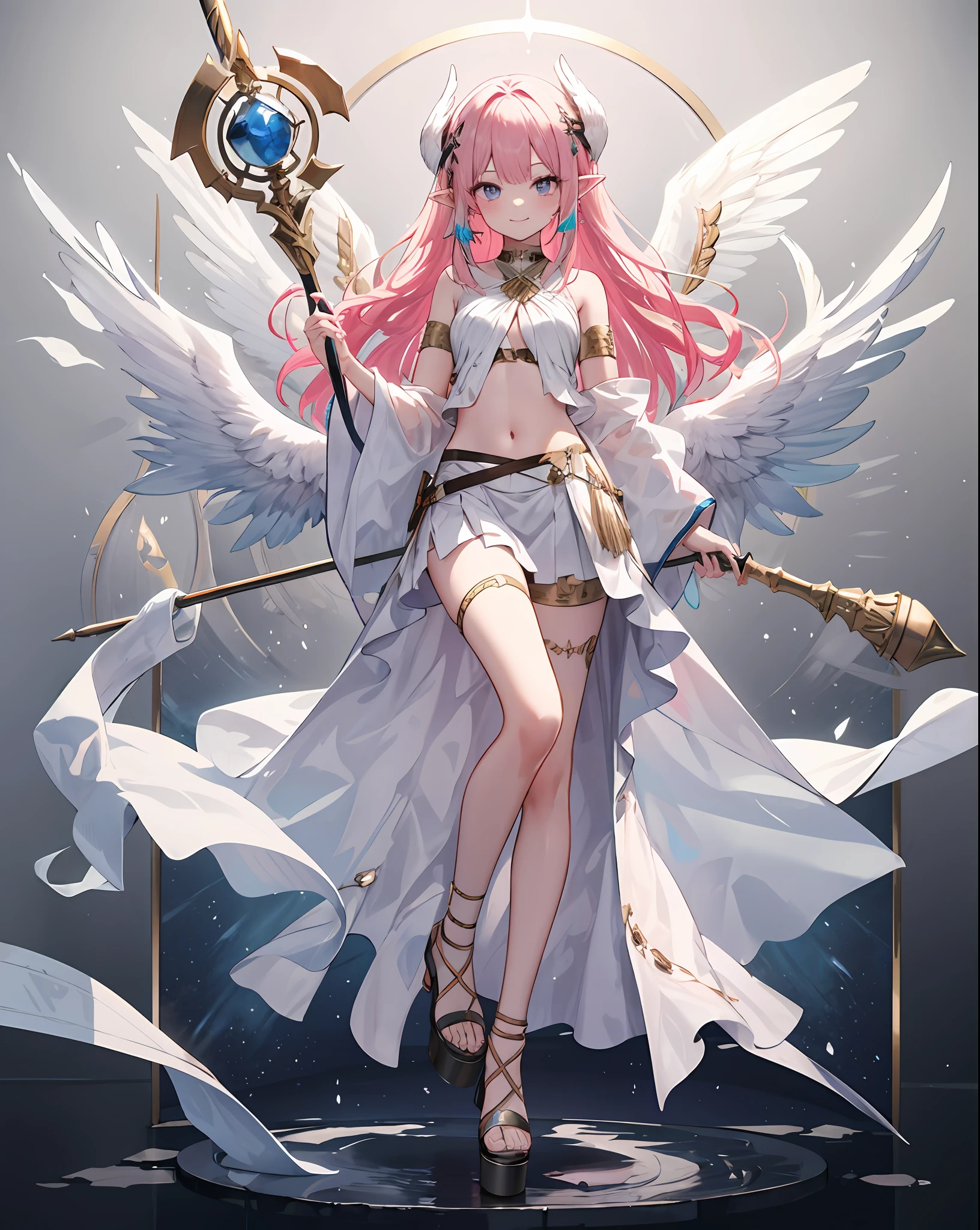 greek clothes, peplos, 1girl, solo, wings, long hair, navel, pink hair, pointy ears, skirt, feathered wings, staff, jewelry, sandals, smile, small breasts, platform footwear, white skirt, bracelet, head wings, looking at viewer, full body, multicolored eyes, holding, breasts, blue eyes, holding staff, armlet, thighlet, very long hair, cloud