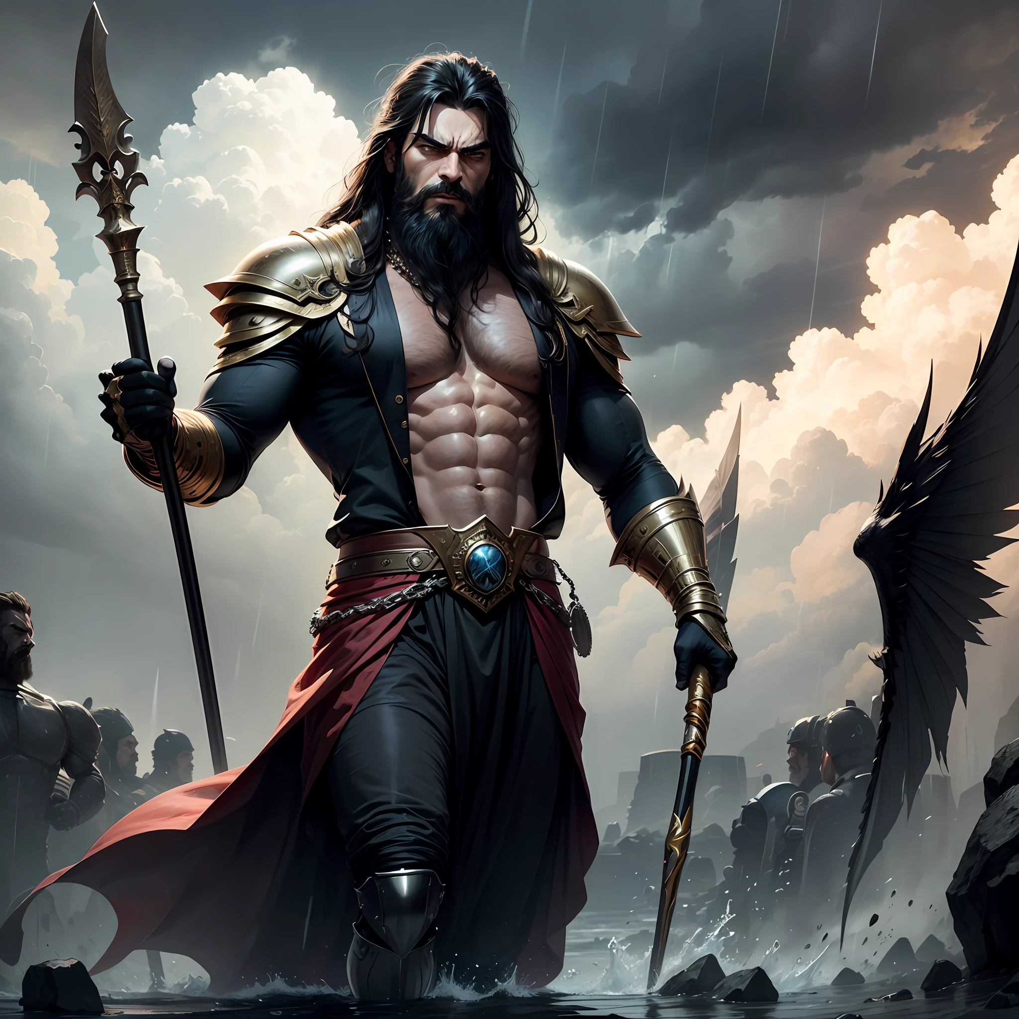 A man like Persian king Darius the Great, long black beard like Achaemenid Persian soldiers, very muscular body, long black hair, two big black wings, iron scepter in hand, angry and angry, like God, like Persian king Darius, his face like super villain , the weather is stormy and rainy, he looks at the sky, high quality --auto