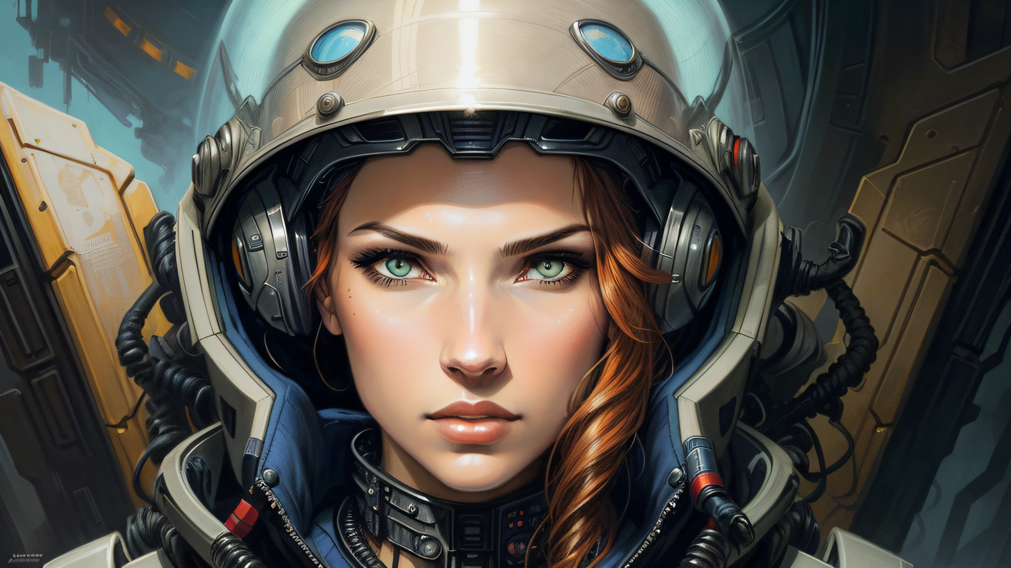 there is a drawing of a woman with a helmet on, martin ansin artwork portrait, detailed sci-fi art, ripley, drew struzan illustration art, hr giger artwork, art giger, art of hans ruedi giger, ellen ripley, drew struzan tomasz alen kopera, alien portrait, martin ansin, symmetrical portrait scifi --auto