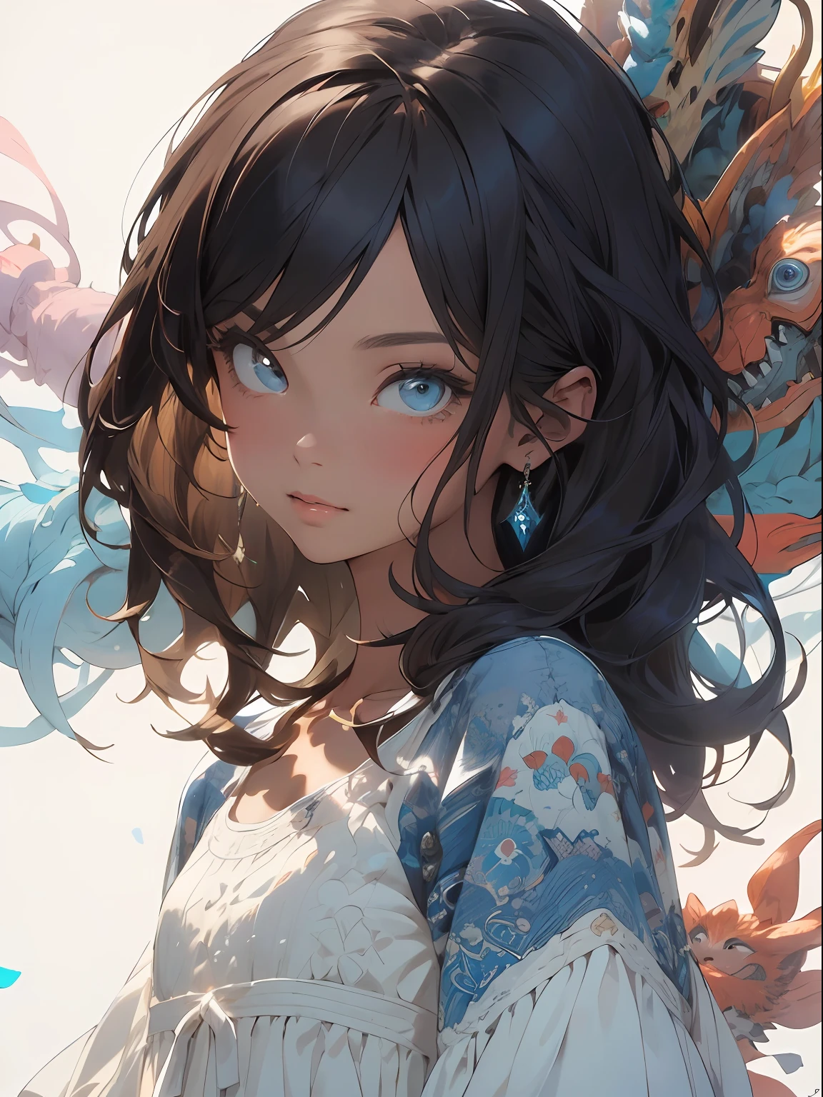 Realistic, (Masterpiece, Superior Quality, Best Quality, Official Art, Beauty and Aesthetics: 1.2), Very Detailed, Fractal Art, Colorful, blue color palette in the background. More Detailed, Zentangle, (Abstract Background: 1.5) (1girl: 1.3), Child, Brown Skin, Brown Hair, Long Hair, (Bright Blue Eyes), Mysterious, (Magic), Beautiful Child, White Dress.