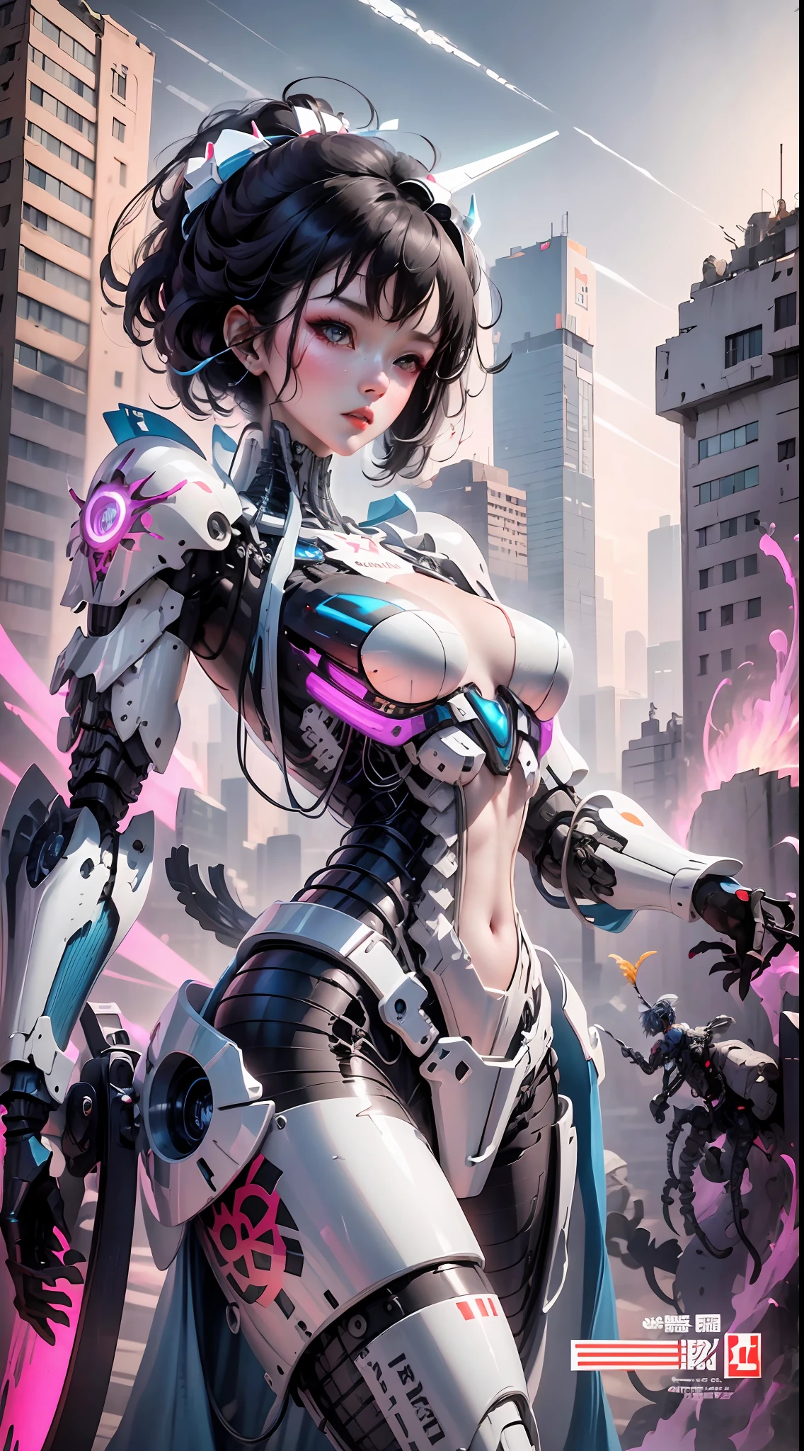 (highly detailed:1.5) futuristic mecha girl on the cover of a neon-lit sci-fi magazine, (cyberpunk:1.3) style, wearing a sleek battlesuit with glowing accents, posing confidently with a giant robot in the background, (bold typography:1.2), dynamic composition, vibrant colors, (Akira-style:1.1), (Hajime Sorayama inspired:1.2)
