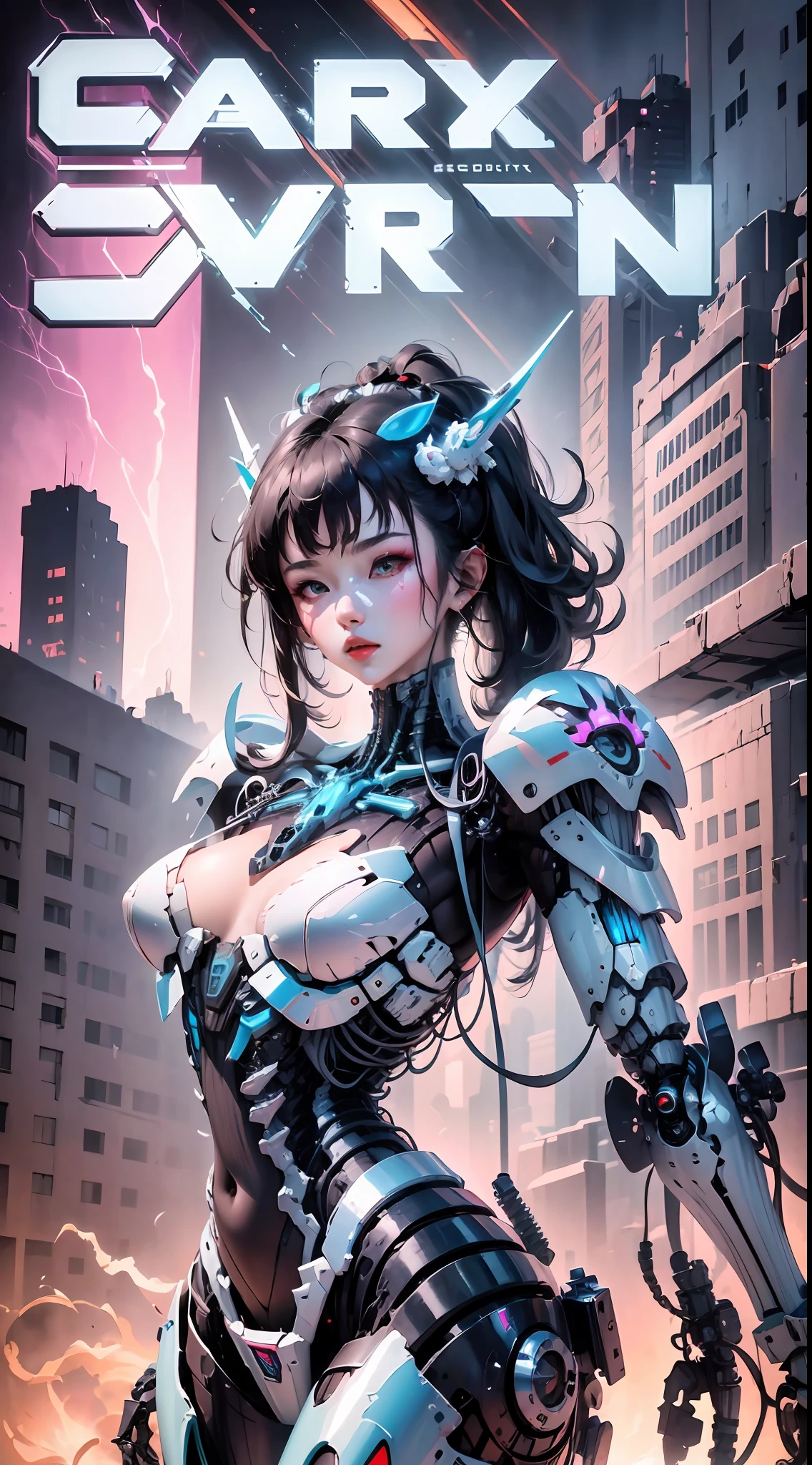 (highly detailed:1.5) futuristic mecha girl on the cover of a neon-lit sci-fi magazine, (cyberpunk:1.3) style, wearing a sleek battlesuit with glowing accents, posing confidently with a giant robot in the background, (bold typography:1.2), dynamic composition, vibrant colors, (Akira-style:1.1), (Hajime Sorayama inspired:1.2)